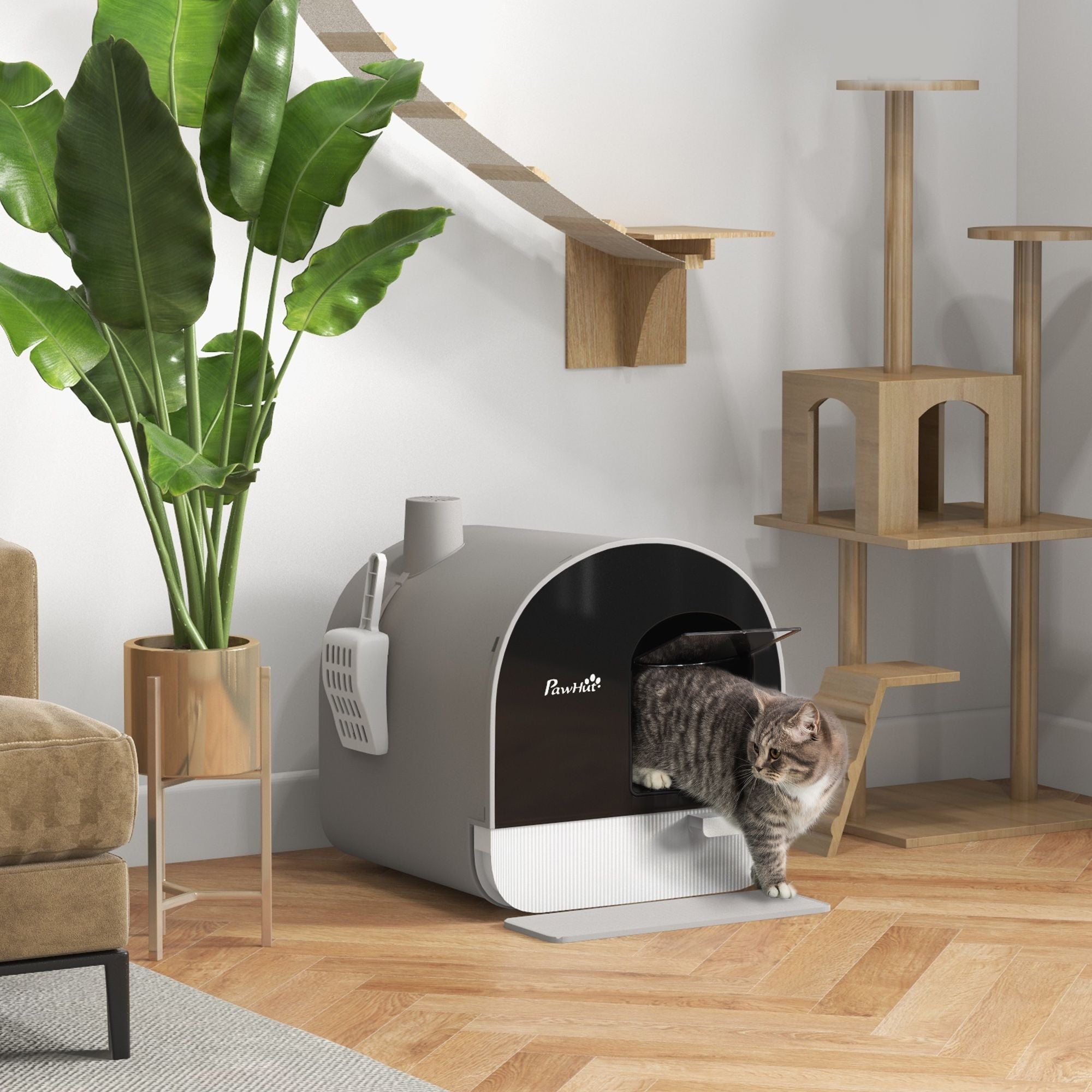 Covered Cat Litter Box, for Indoor use, with Tray, Scoop, Filter, 17"x17"x18.5", Light Gray