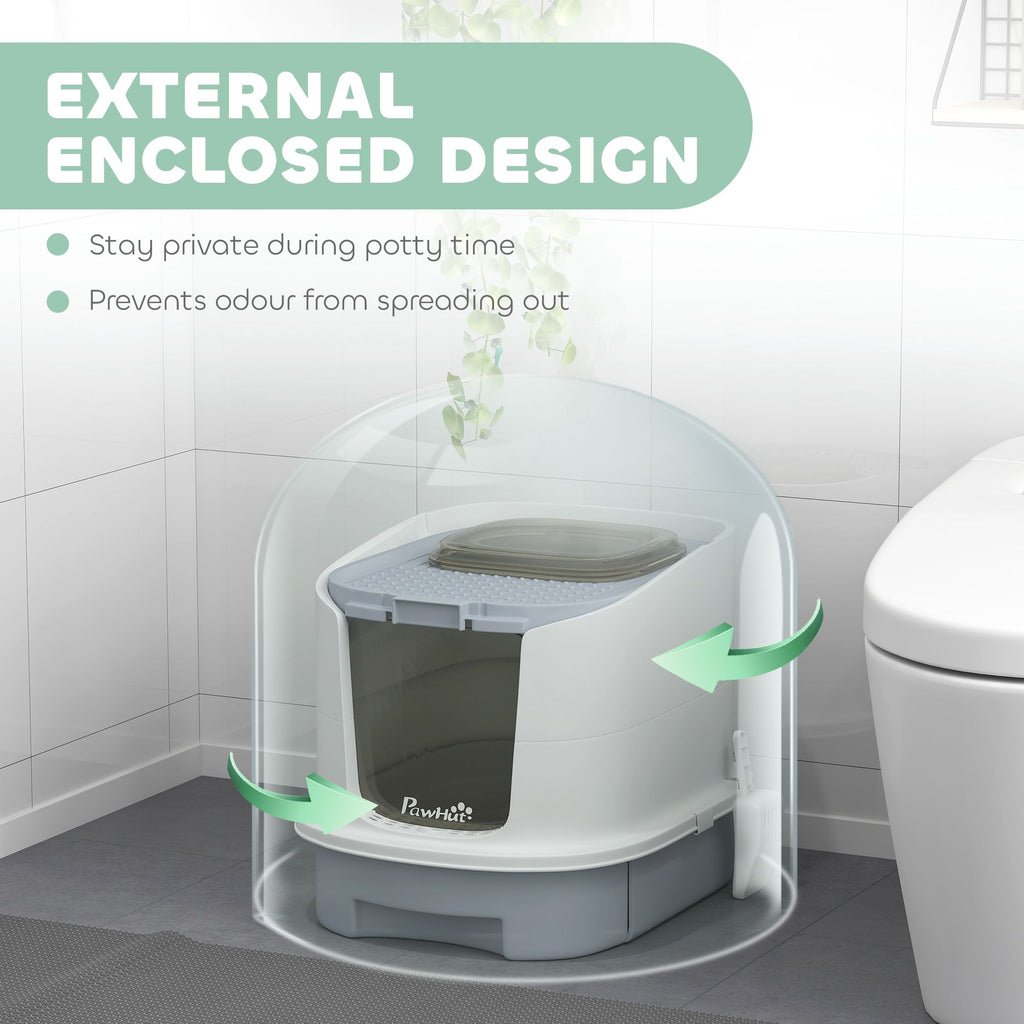 Covered Cat Litter Box with Lid, Drawer, Scoop, Top Entry, Deodorizing Bags, Odor Control, Easy to Clean, Gray