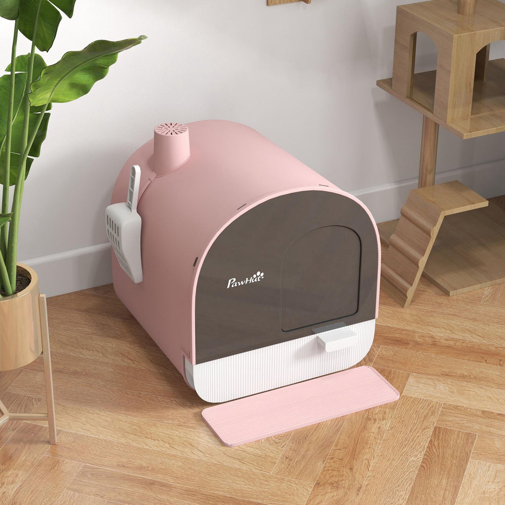 Covered Cat Litter Box with Lid, Scoop, and Filter, Compact Design, Pink