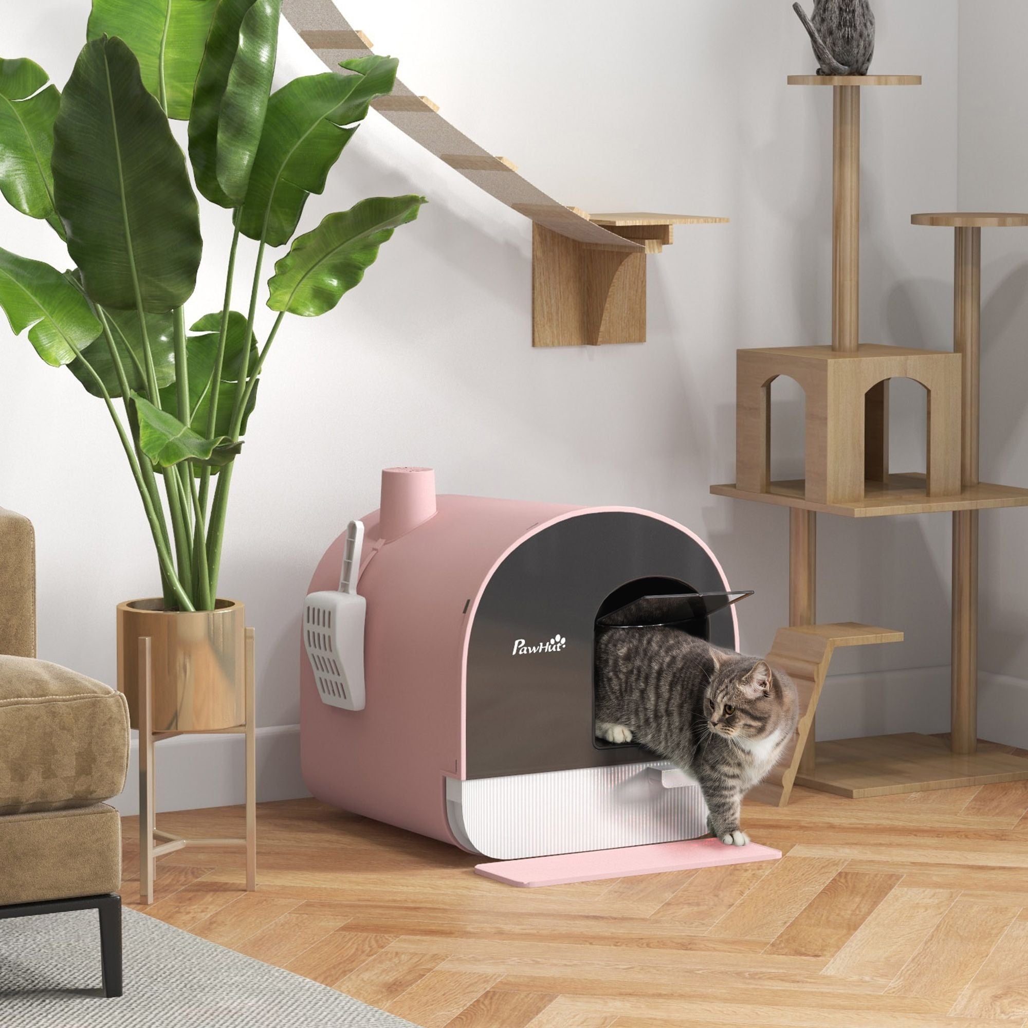 Covered Cat Litter Box with Lid, Scoop, and Filter, Compact Design, Pink