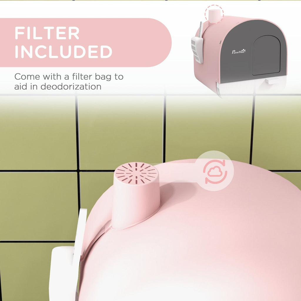 Covered Cat Litter Box with Lid, Scoop, and Filter, Compact Design, Pink