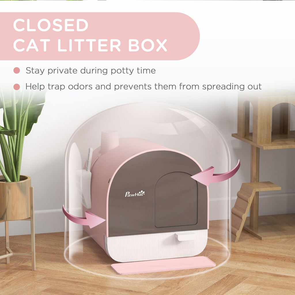 Covered Cat Litter Box with Lid, Scoop, and Filter, Compact Design, Pink