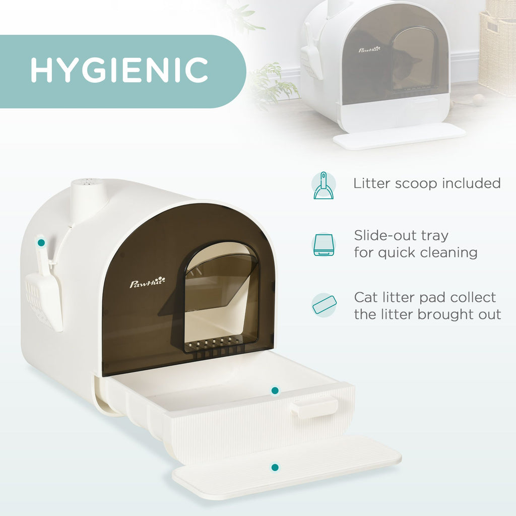 Covered Cat Litter Box with Lid, Scoop, and Filter, Sleek White