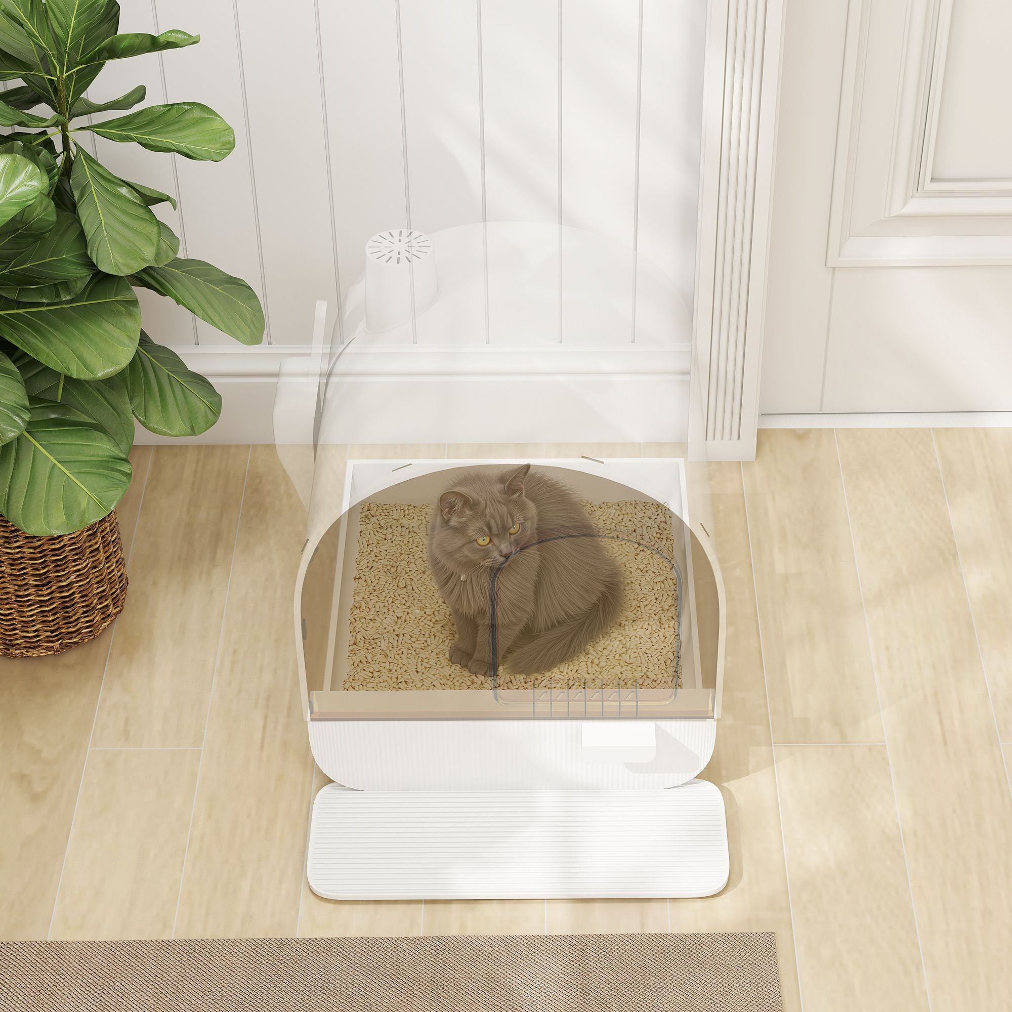Covered Cat Litter Box with Lid, Scoop, and Filter, Sleek White