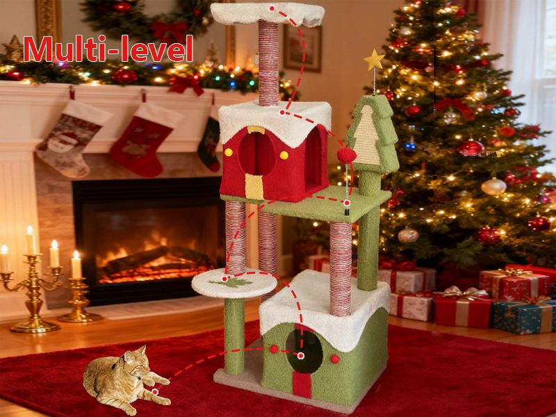 54- Multi-Level Christmas Cat Tree with Spacious Condos