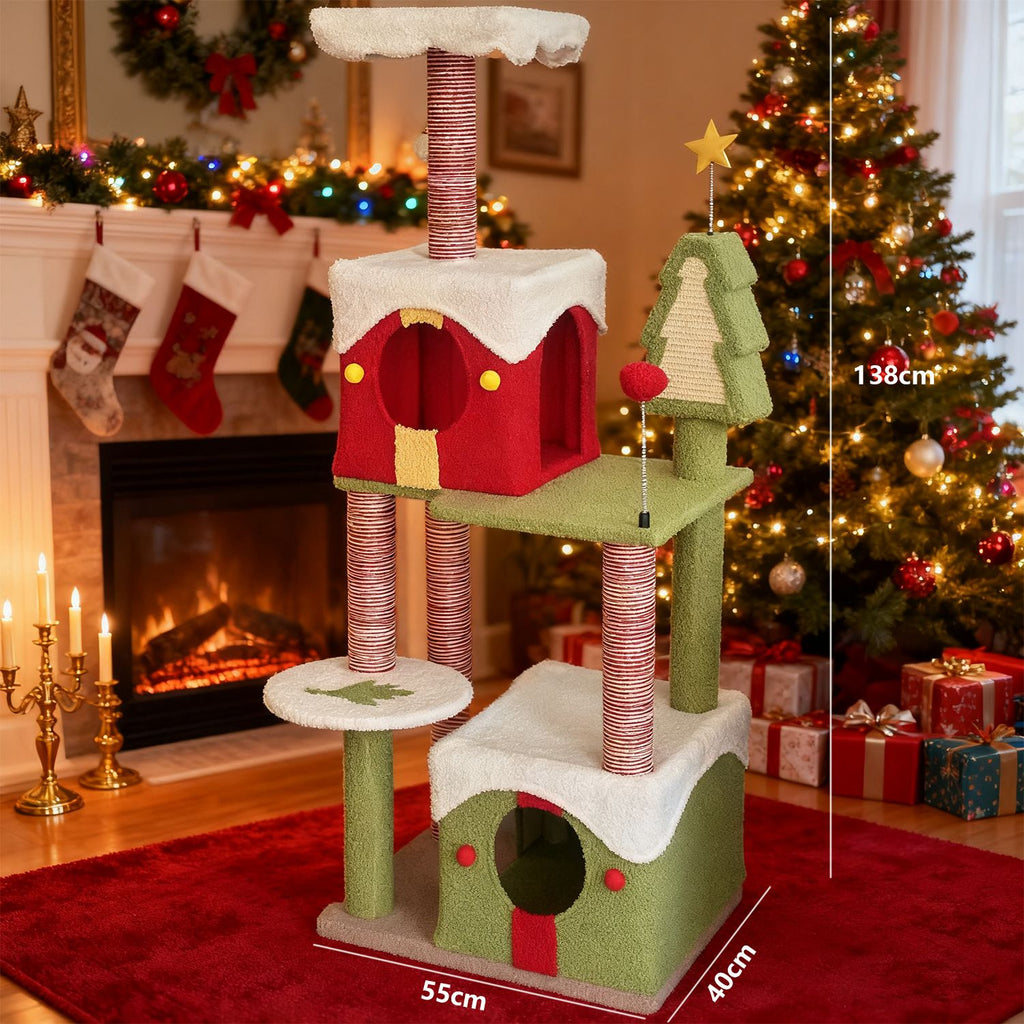 54- Multi-Level Christmas Cat Tree with Spacious Condos