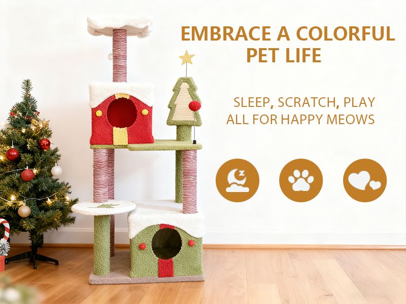 54- Multi-Level Christmas Cat Tree with Spacious Condos