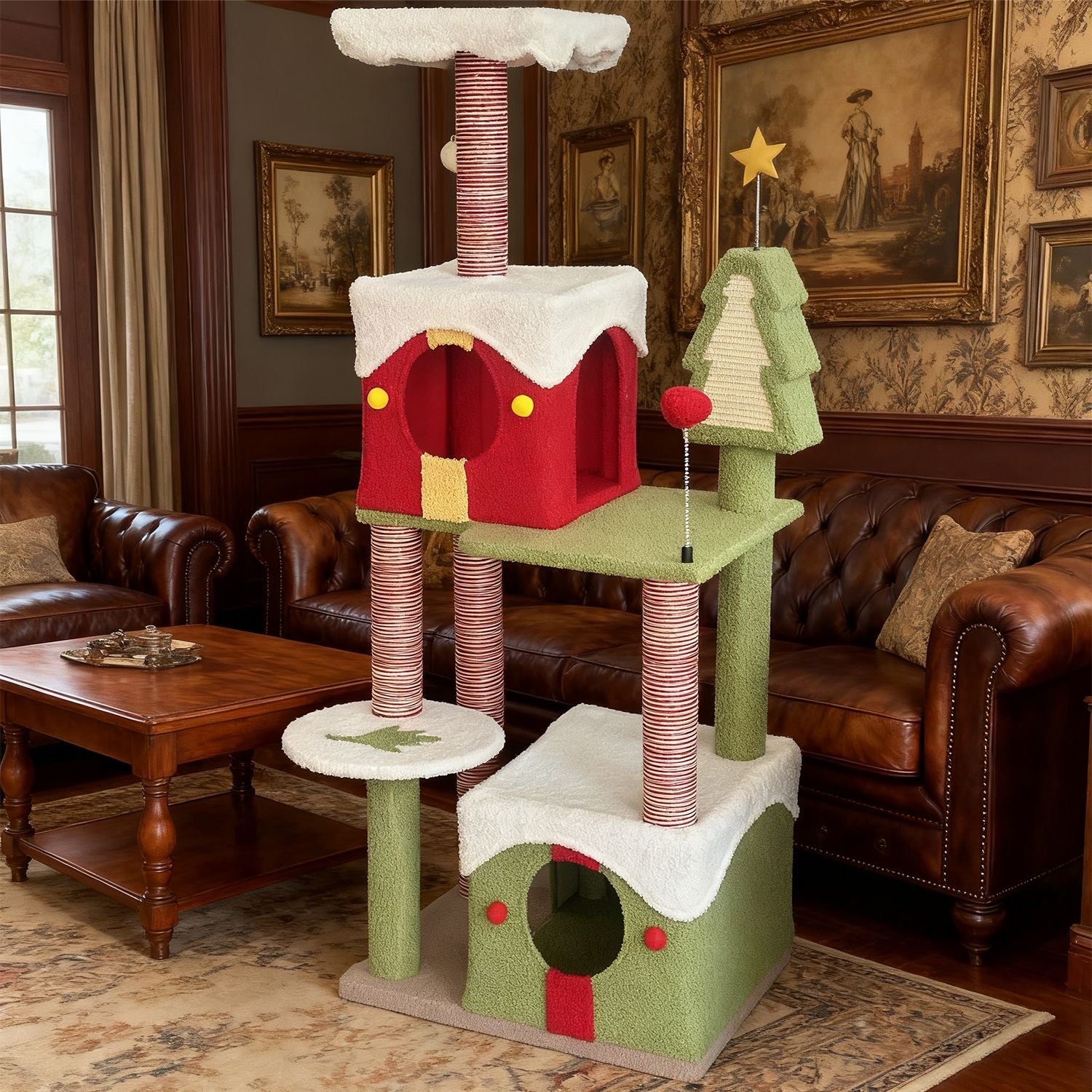 54- Multi-Level Christmas Cat Tree with Spacious Condos