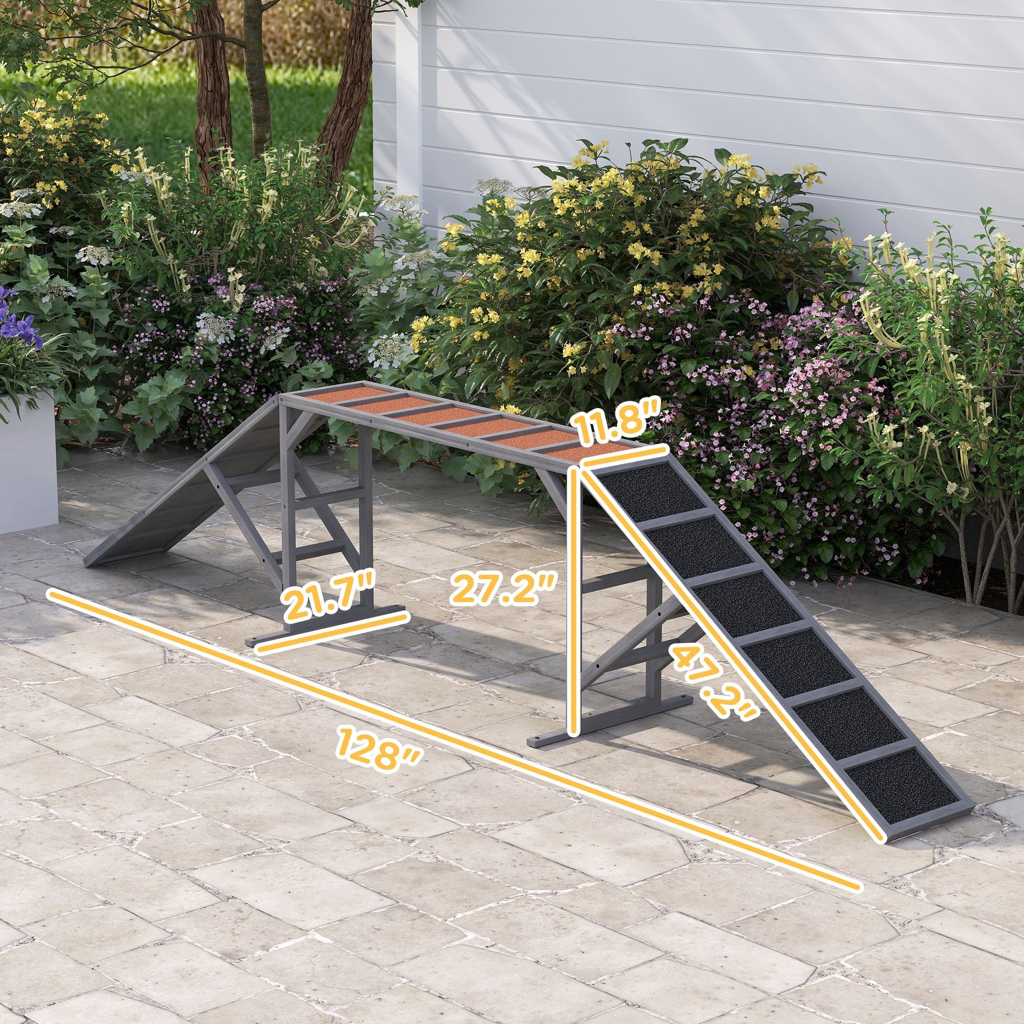 Dog Agility Equipment Ramp with Safety Bar, Non-slip Surface, for Walk and Pause Training, Gray