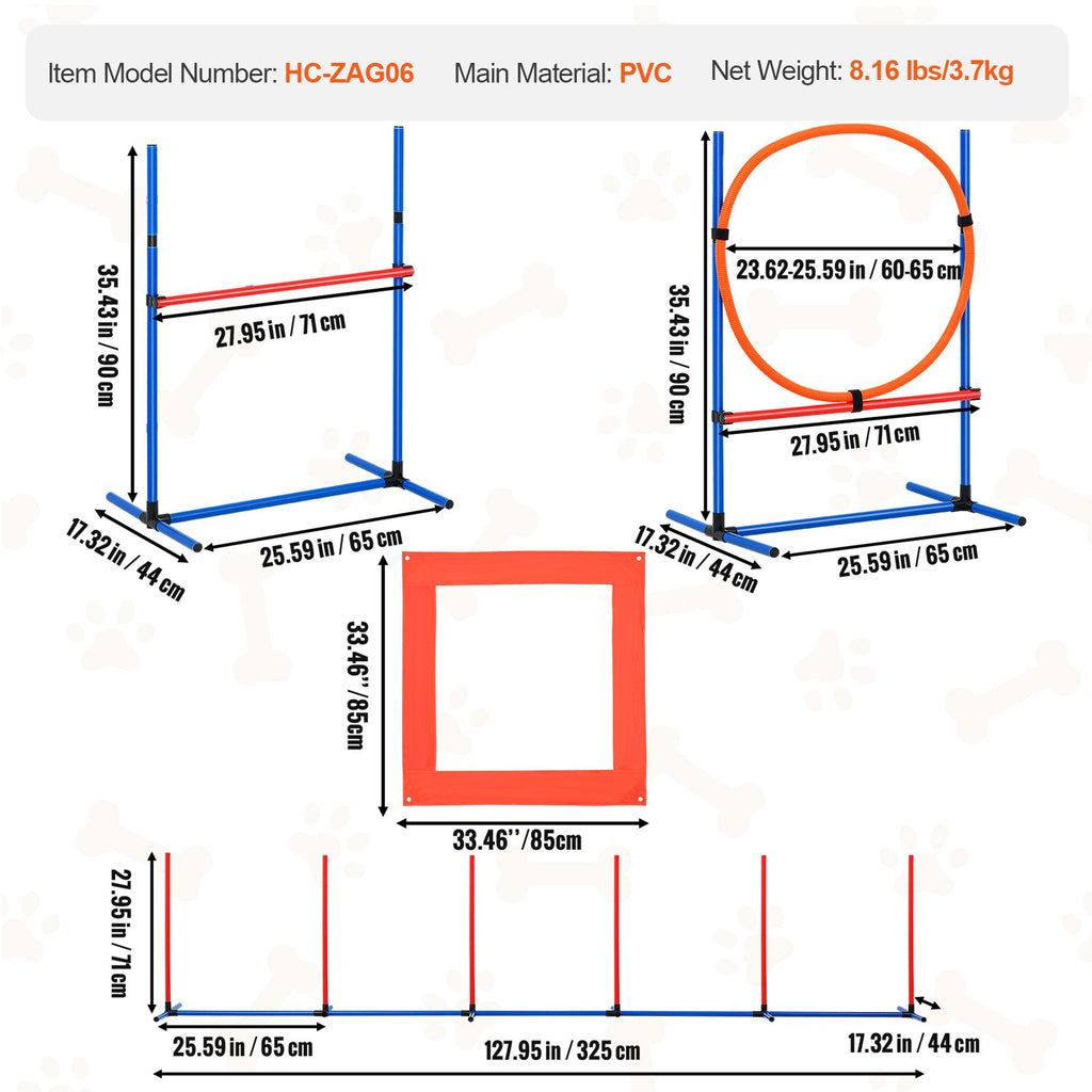 Dog Agility Training Equipment, 4 PCS Set with Adjustable High Hurdles,6 Weave Poles,Jump Ring,Square Pause Box,Whistle,Foldable Bowl, Puppy Obstacle Course Kit for Backyard, Indoor, Outdoor