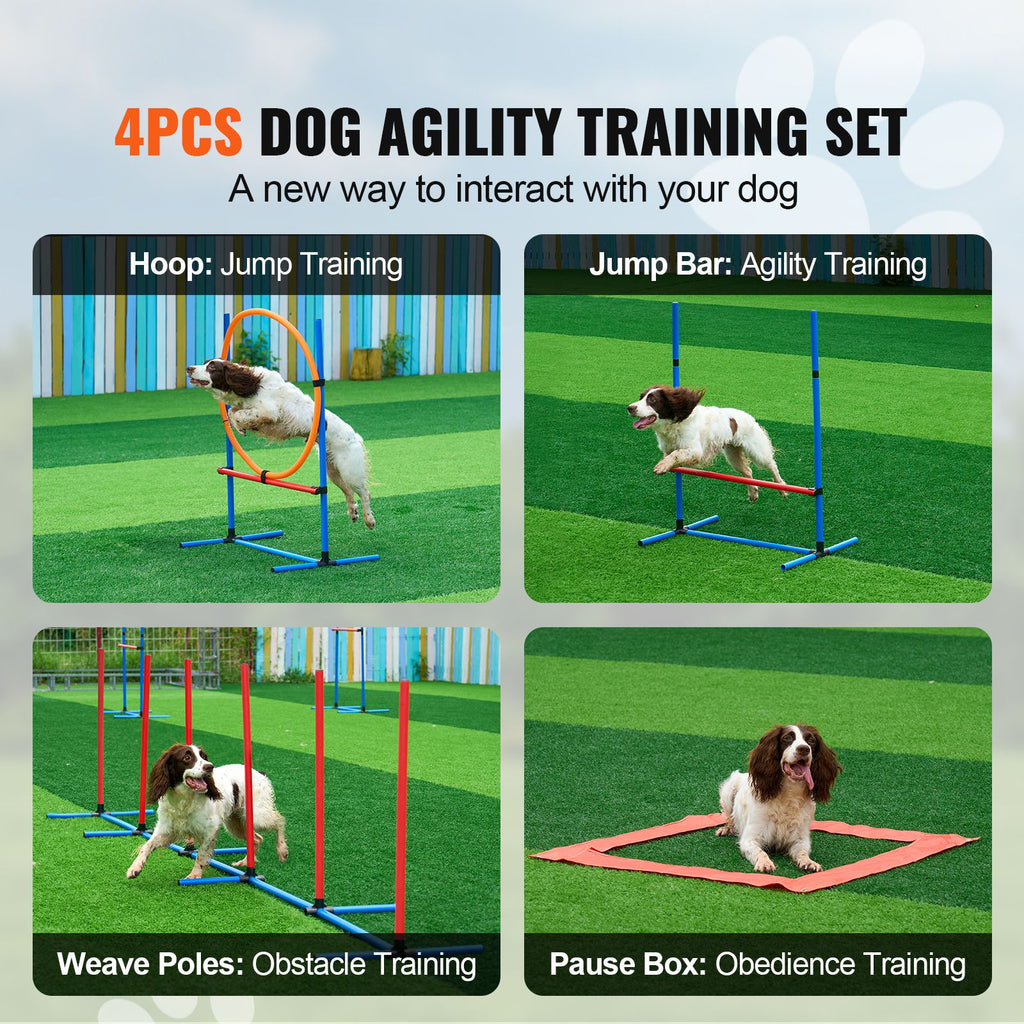 Dog Agility Training Equipment, 4 PCS Set with Adjustable High Hurdles,6 Weave Poles,Jump Ring,Square Pause Box,Whistle,Foldable Bowl, Puppy Obstacle Course Kit for Backyard, Indoor, Outdoor