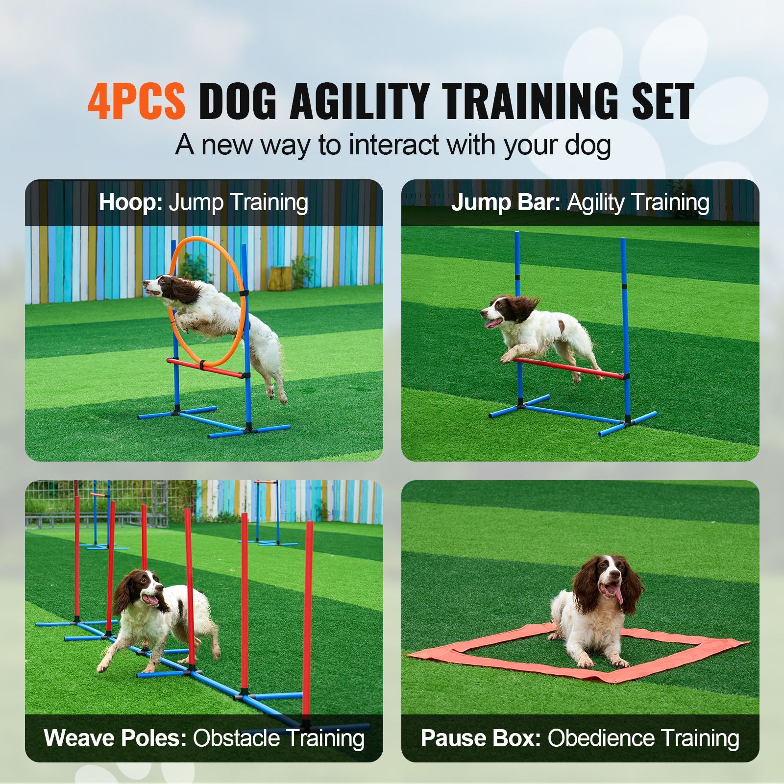 Dog Agility Training Equipment, 4 PCS Set with Adjustable High Hurdles,6 Weave Poles,Jump Ring,Square Pause Box,Whistle,Foldable Bowl, Puppy Obstacle Course Kit for Backyard, Indoor, Outdoor