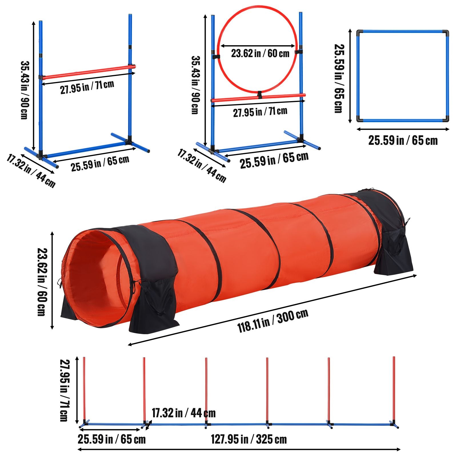 Dog Agility Training Equipment, 5 PCS Set Upgrade with Adjustable High Hurdles,6 Weave Poles,Extended Tunnel,Jump Ring,Pause Box,Whistle,Foldable Bowl,Puppy Obstacle Course Kit with Storage Bag