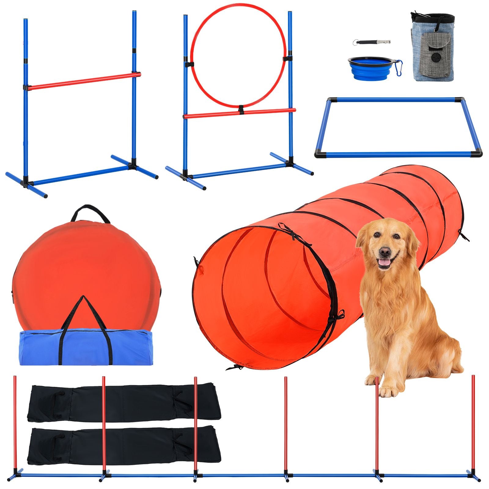 Dog Agility Training Equipment, 5 PCS Set Upgrade with Adjustable High Hurdles,6 Weave Poles,Extended Tunnel,Jump Ring,Pause Box,Whistle,Foldable Bowl,Puppy Obstacle Course Kit with Storage Bag