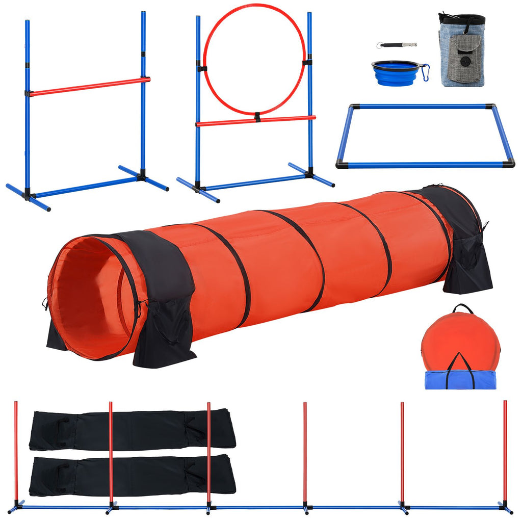 Dog Agility Training Equipment, 5 PCS Set Upgrade with Adjustable High Hurdles,6 Weave Poles,Extended Tunnel,Jump Ring,Pause Box,Whistle,Foldable Bowl,Puppy Obstacle Course Kit with Storage Bag