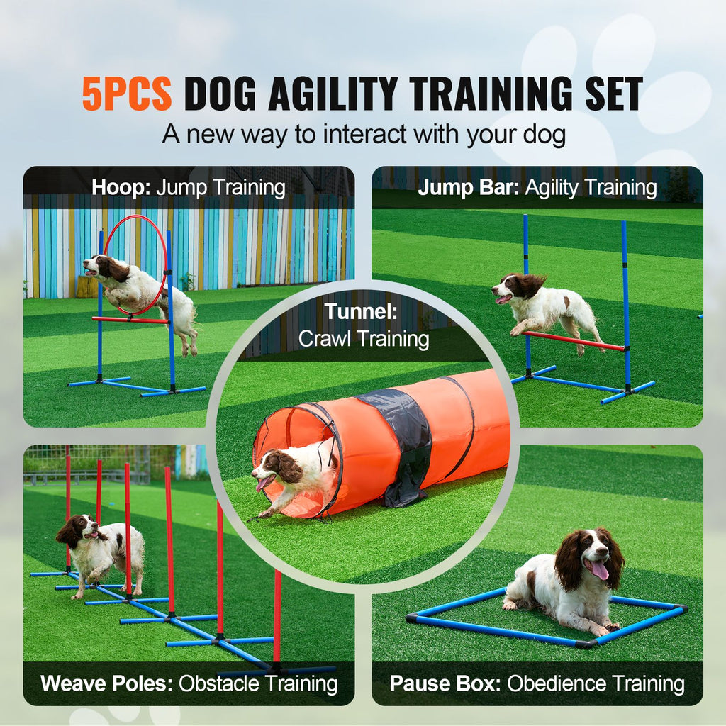 Dog Agility Training Equipment, 5 PCS Set Upgrade with Adjustable High Hurdles,6 Weave Poles,Extended Tunnel,Jump Ring,Pause Box,Whistle,Foldable Bowl,Puppy Obstacle Course Kit with Storage Bag