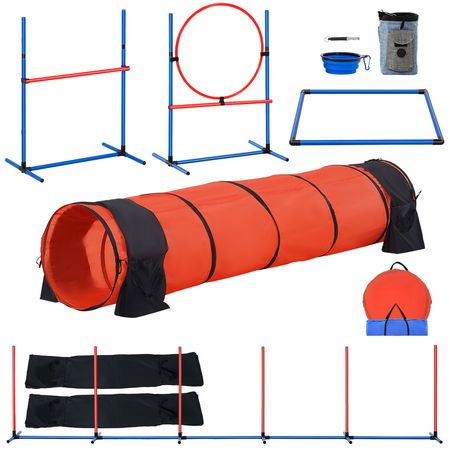 Dog Agility Training Equipment, 5 PCS Set Upgrade with Adjustable High Hurdles,6 Weave Poles,Extended Tunnel,Jump Ring,Pause Box,Whistle,Foldable Bowl,Puppy Obstacle Course Kit with Storage Bag