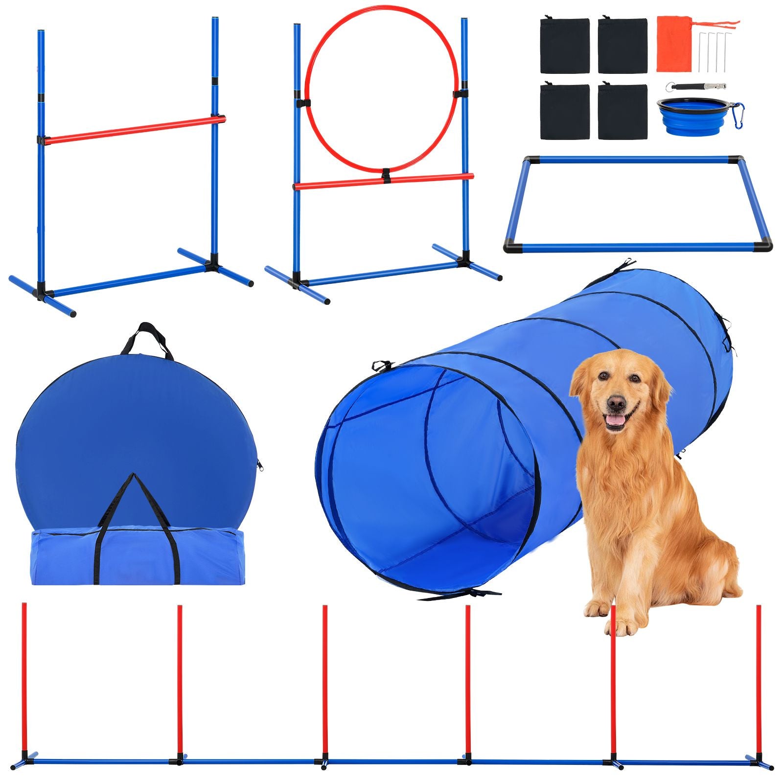 Dog Agility Training Equipment, 5 PCS Set with Adjustable High Hurdles,6 Weave Poles, Tunnel, Jump Ring, Pause Box, Whistle, Foldable Bowl, Puppy Obstacle Course Kit with Storage Bags