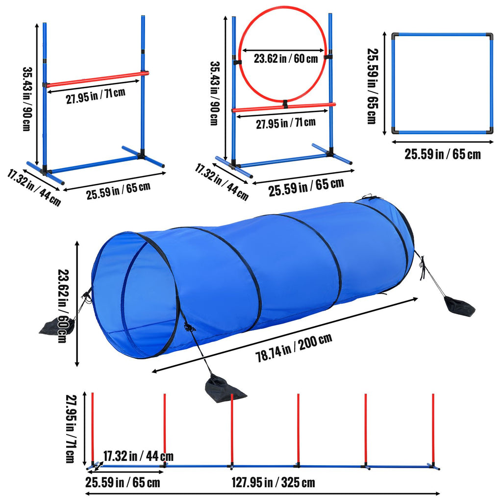Dog Agility Training Equipment, 5 PCS Set with Adjustable High Hurdles,6 Weave Poles, Tunnel, Jump Ring, Pause Box, Whistle, Foldable Bowl, Puppy Obstacle Course Kit with Storage Bags