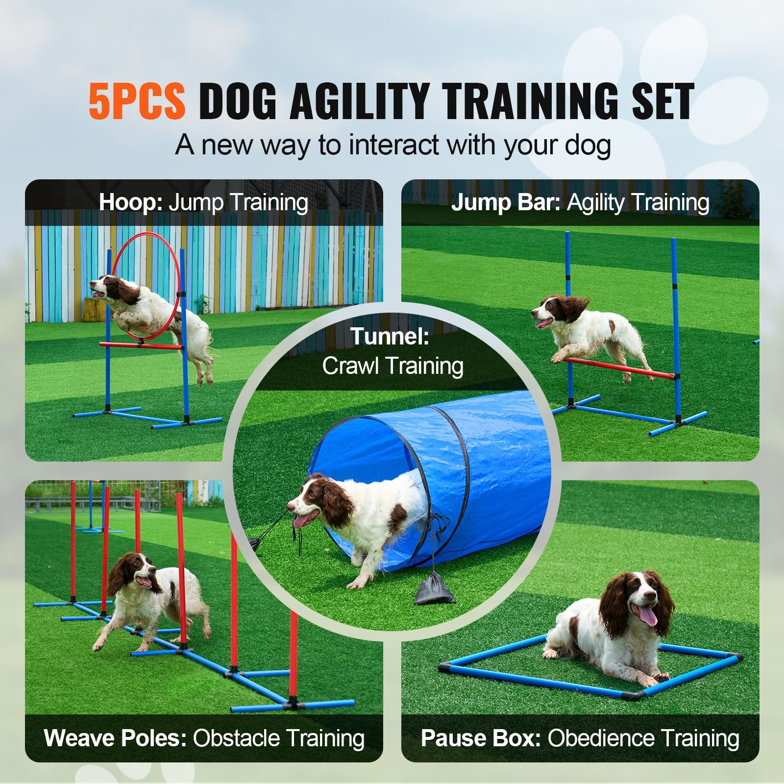 Dog Agility Training Equipment, 5 PCS Set with Adjustable High Hurdles,6 Weave Poles, Tunnel, Jump Ring, Pause Box, Whistle, Foldable Bowl, Puppy Obstacle Course Kit with Storage Bags