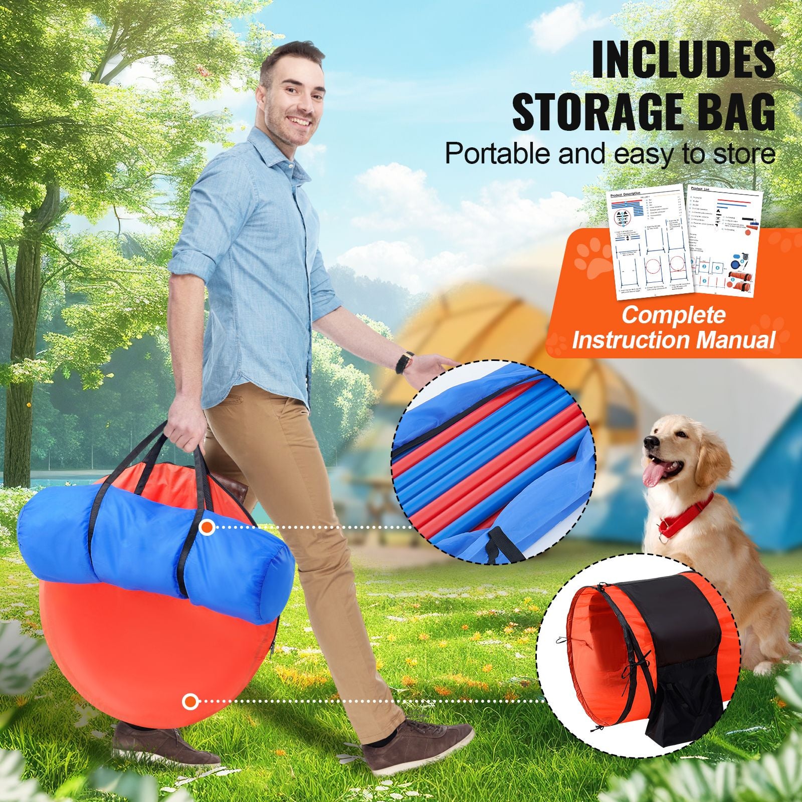 Dog Agility Training Equipment, 7 PCS Set Upgrade w/ Adjustable High Hurdles,6 Weave Poles,2 Tunnels,Jump Ring,Pause Box,Whistle,Foldable Bowl,Puppy Obstacle Course Kit w/ 3 Bags
