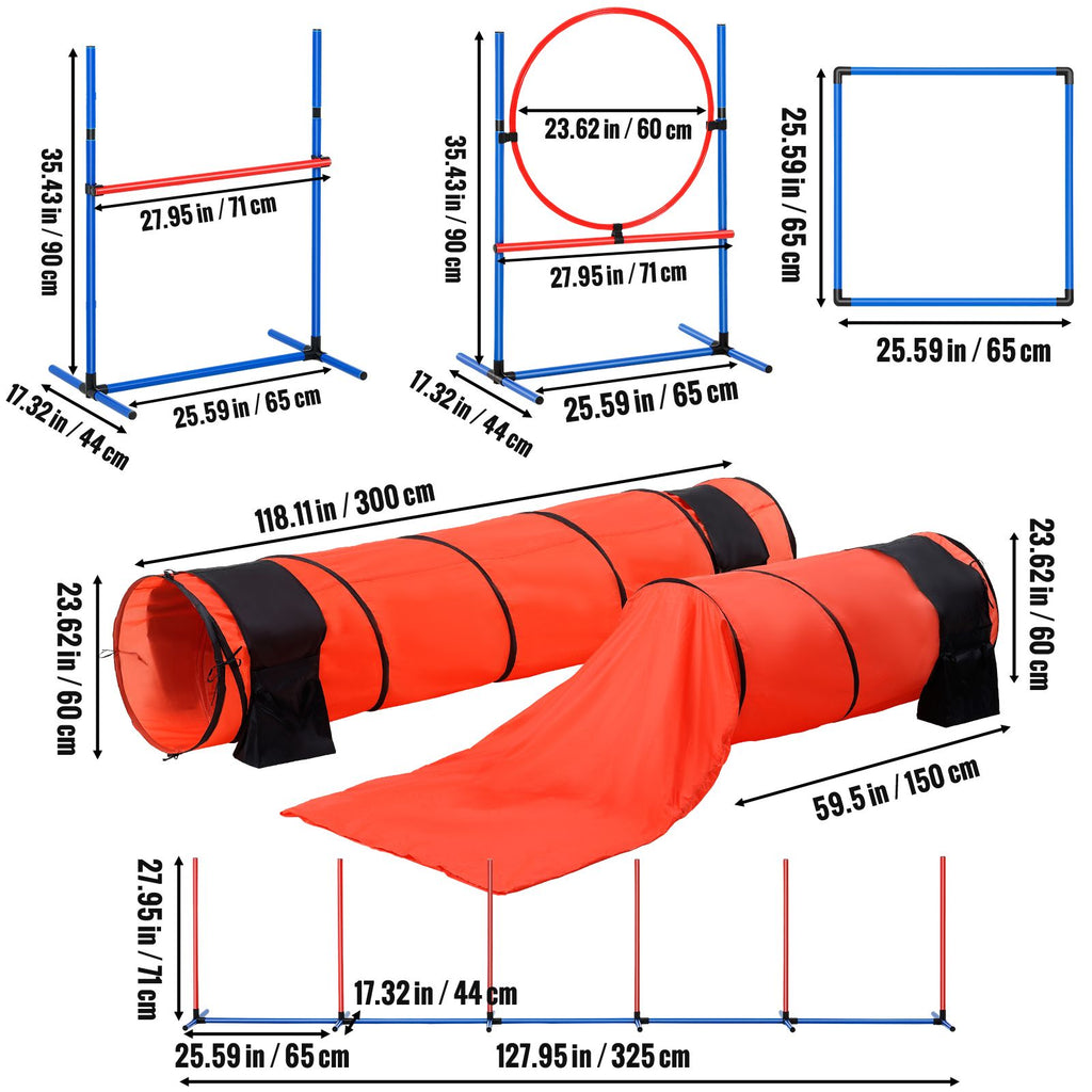 Dog Agility Training Equipment, 7 PCS Set Upgrade w/ Adjustable High Hurdles,6 Weave Poles,2 Tunnels,Jump Ring,Pause Box,Whistle,Foldable Bowl,Puppy Obstacle Course Kit w/ 3 Bags