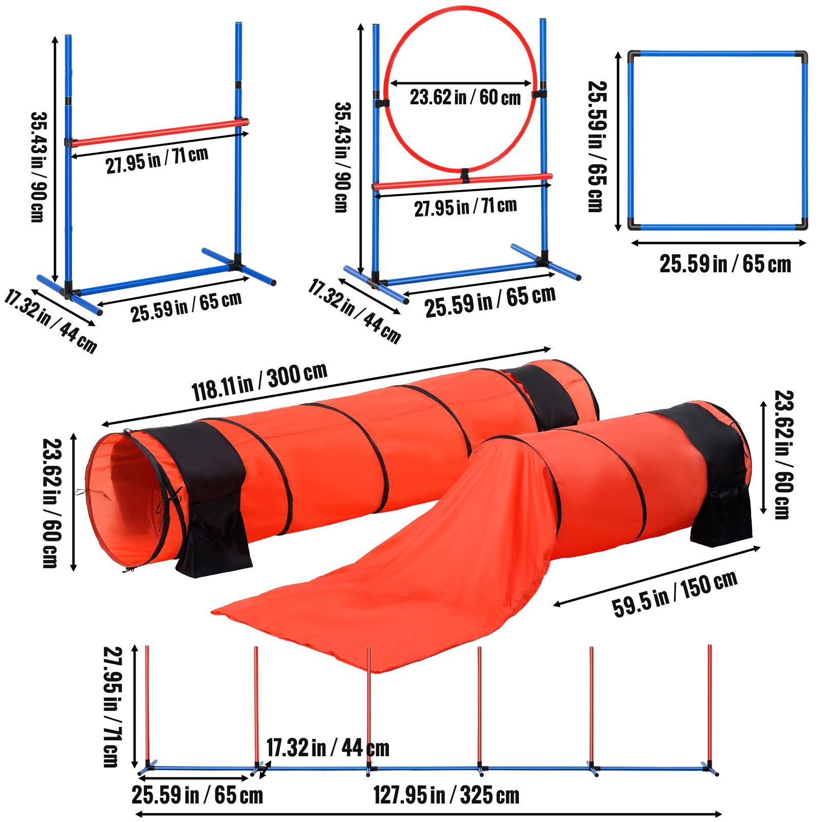 Dog Agility Training Equipment, 7 PCS Set Upgrade w/ Adjustable High Hurdles,6 Weave Poles,2 Tunnels,Jump Ring,Pause Box,Whistle,Foldable Bowl,Puppy Obstacle Course Kit w/ 3 Bags