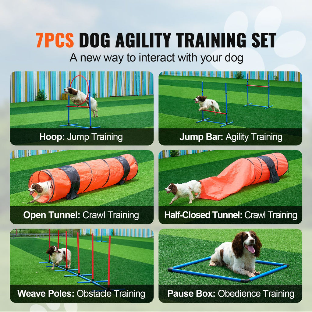 Dog Agility Training Equipment, 7 PCS Set Upgrade w/ Adjustable High Hurdles,6 Weave Poles,2 Tunnels,Jump Ring,Pause Box,Whistle,Foldable Bowl,Puppy Obstacle Course Kit w/ 3 Bags