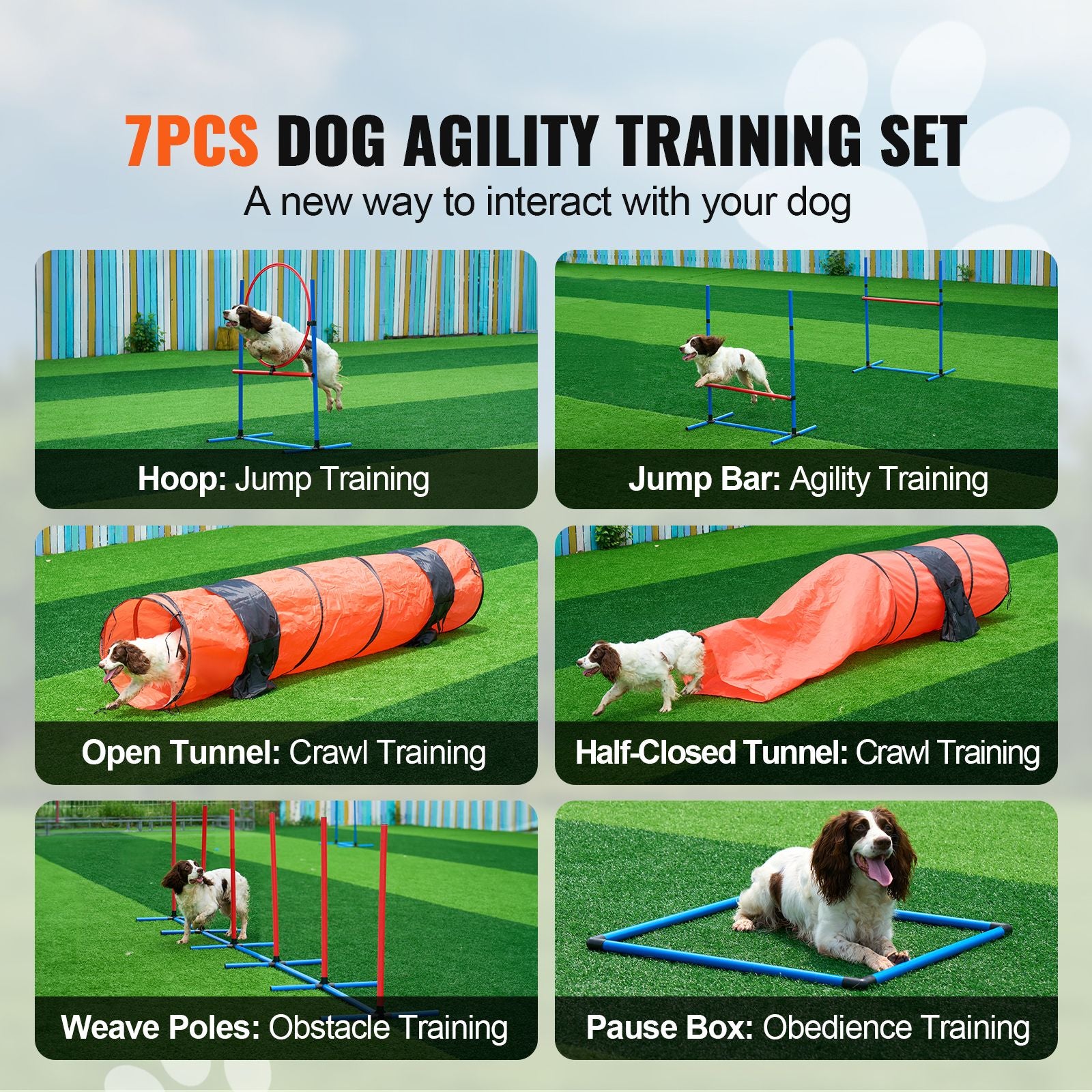 Dog Agility Training Equipment, 7 PCS Set Upgrade w/ Adjustable High Hurdles,6 Weave Poles,2 Tunnels,Jump Ring,Pause Box,Whistle,Foldable Bowl,Puppy Obstacle Course Kit w/ 3 Bags