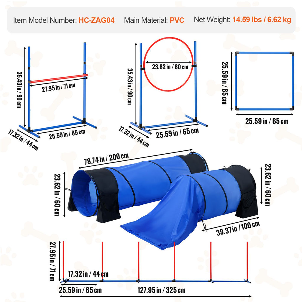 Dog Agility Training Equipment, 7 PCS Set w/ Adjustable High Hurdles,6 Weave Poles,2 Tunnels,Jump Ring,Pause Box,Whistle,Foldable Bowl,Puppy Obstacle Course Kit w/ 3 Bags