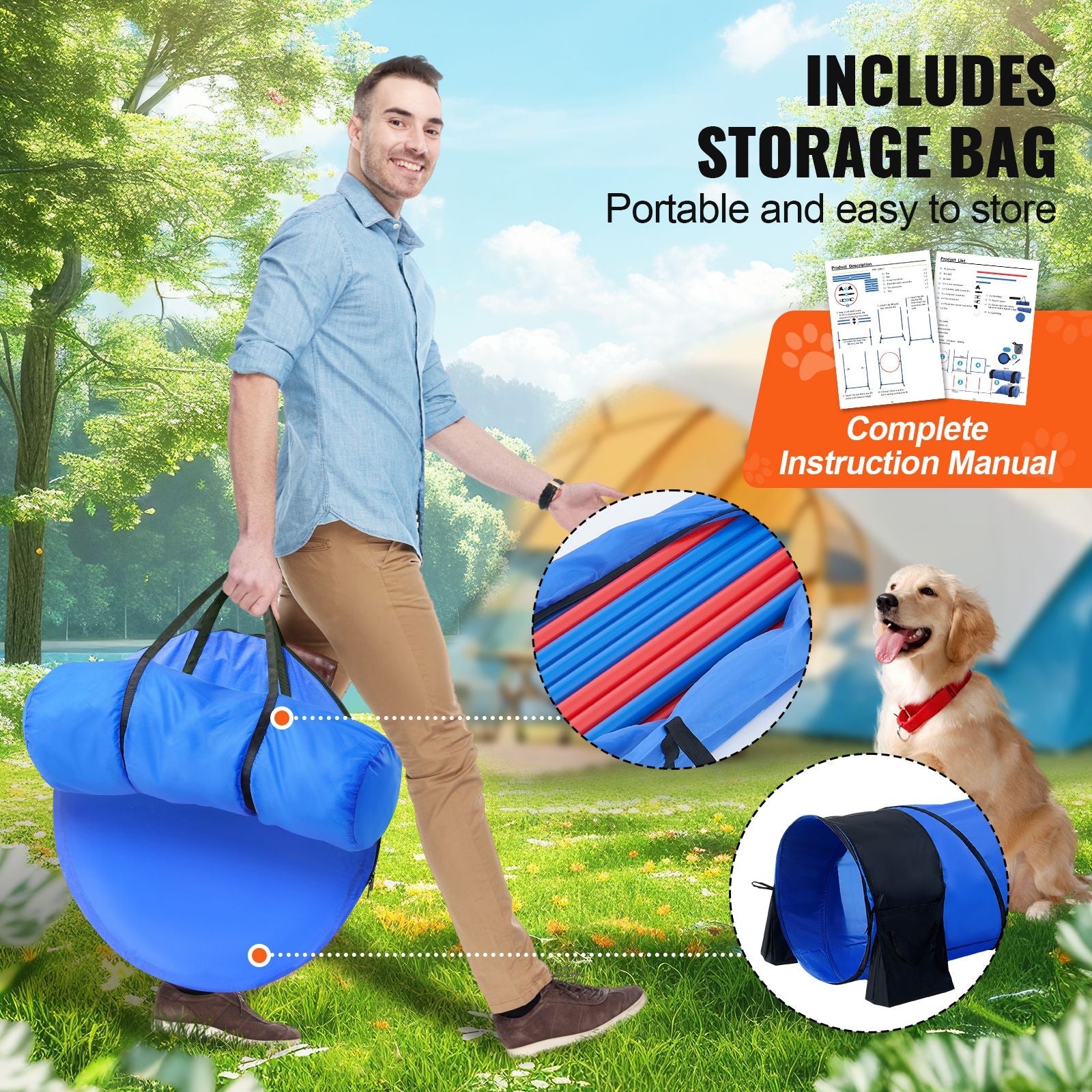 Dog Agility Training Equipment, 7 PCS Set w/ Adjustable High Hurdles,6 Weave Poles,2 Tunnels,Jump Ring,Pause Box,Whistle,Foldable Bowl,Puppy Obstacle Course Kit w/ 3 Bags