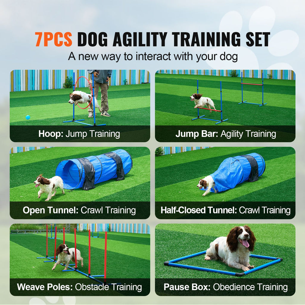 Dog Agility Training Equipment, 7 PCS Set w/ Adjustable High Hurdles,6 Weave Poles,2 Tunnels,Jump Ring,Pause Box,Whistle,Foldable Bowl,Puppy Obstacle Course Kit w/ 3 Bags