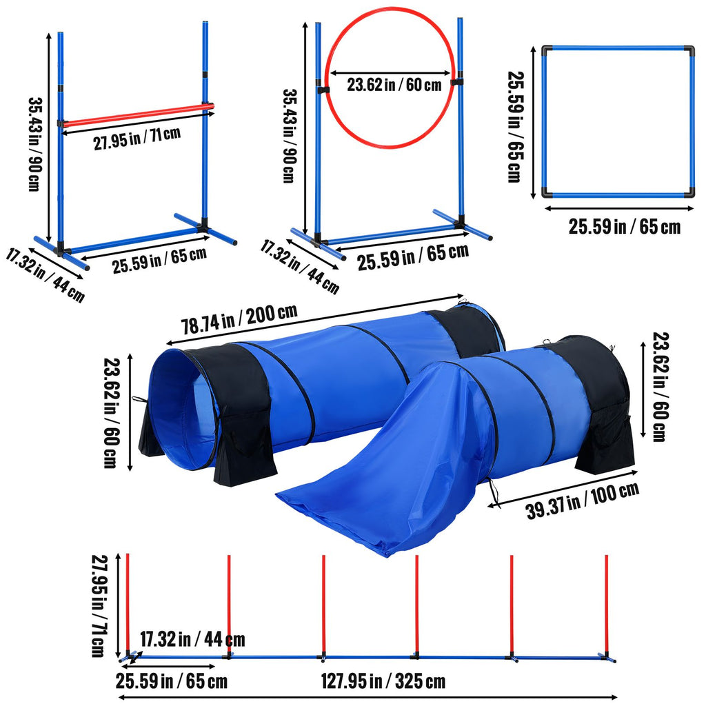 Dog Agility Training Equipment, 7 PCS Set w/ Adjustable High Hurdles,6 Weave Poles,2 Tunnels,Jump Ring,Pause Box,Whistle,Foldable Bowl,Puppy Obstacle Course Kit w/ 3 Bags