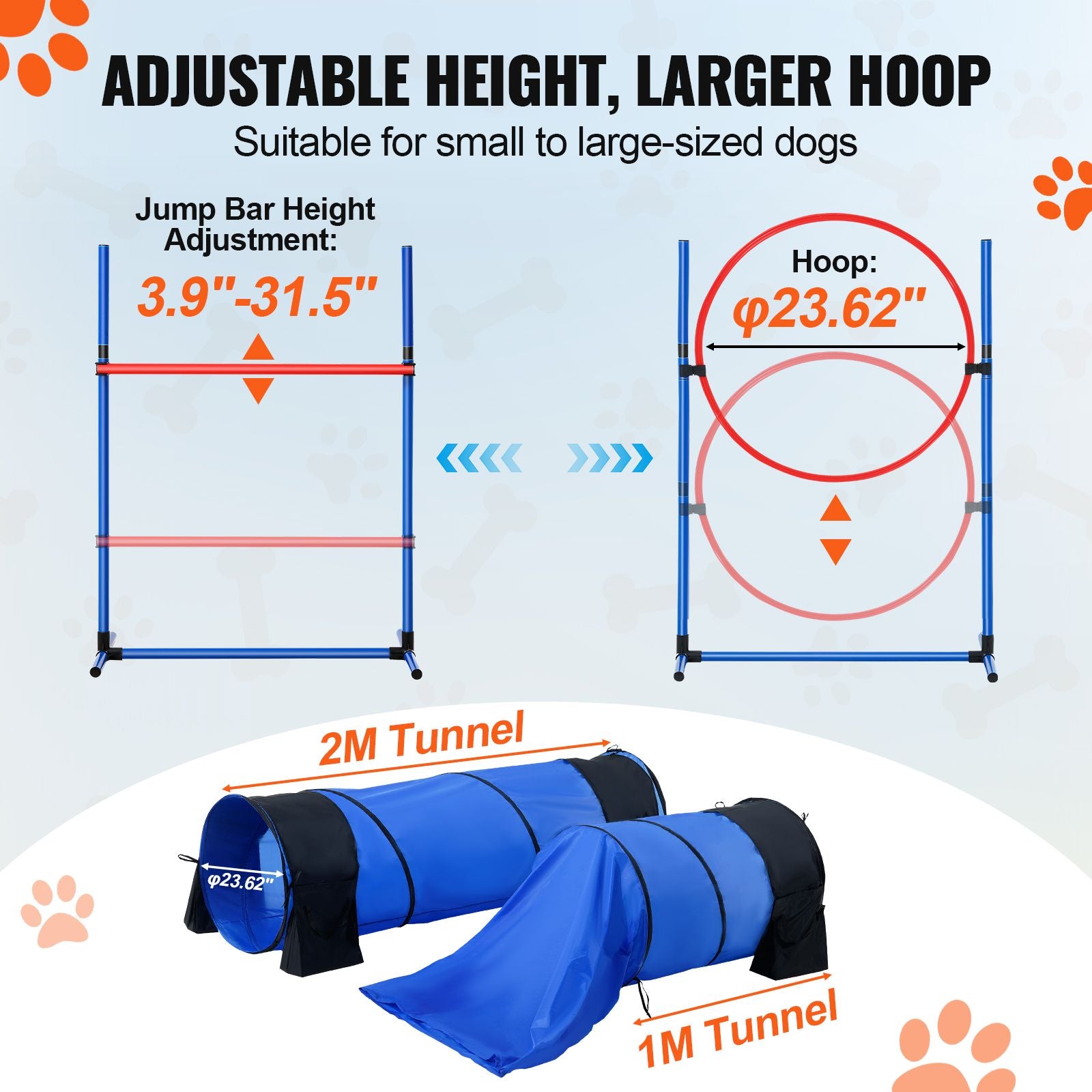 Dog Agility Training Equipment, 7 PCS Set w/ Adjustable High Hurdles,6 Weave Poles,2 Tunnels,Jump Ring,Pause Box,Whistle,Foldable Bowl,Puppy Obstacle Course Kit w/ 3 Bags