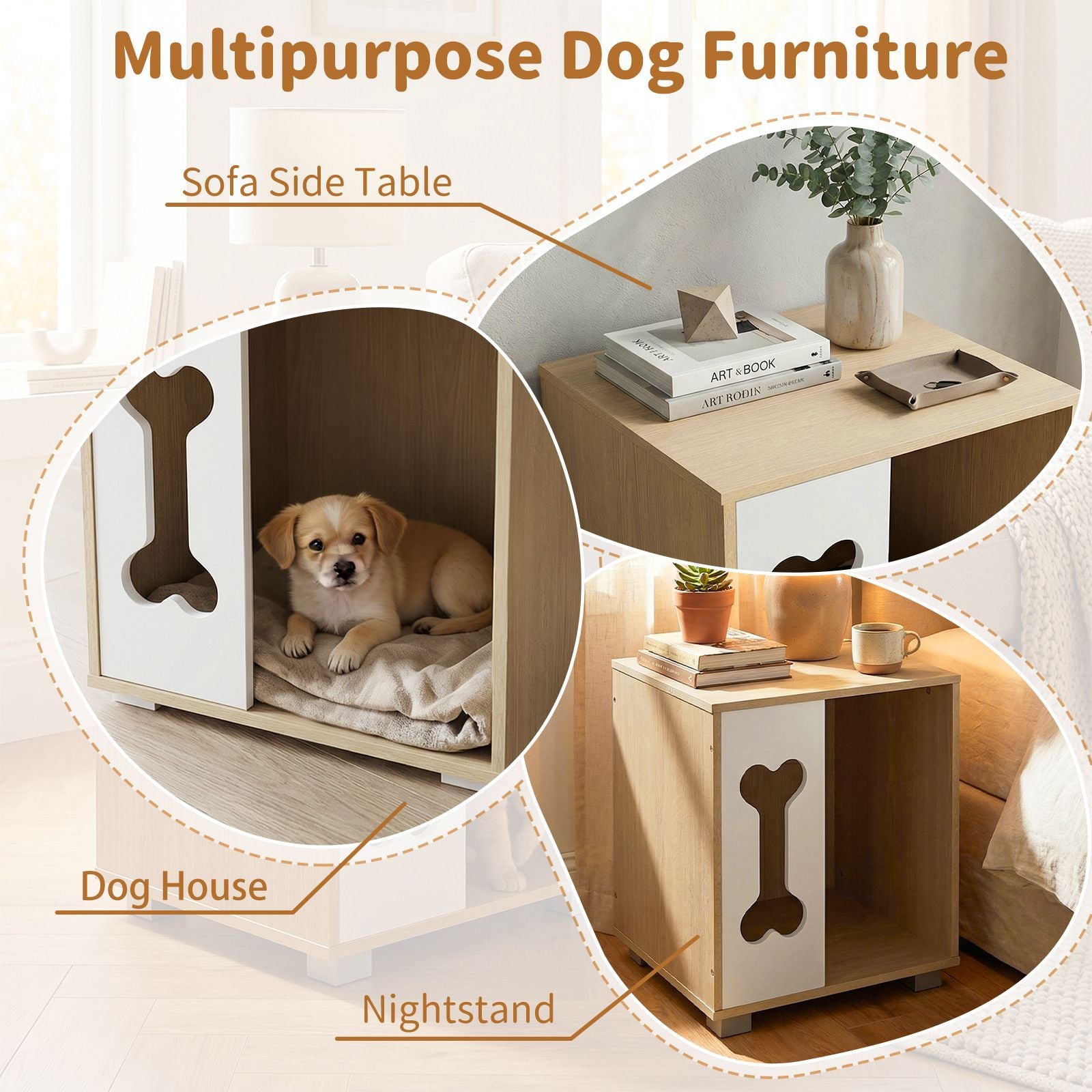 furniture-style Dog Bed Side Table Condo with Bone-Shape Window – Multipurpose Pet Furniture