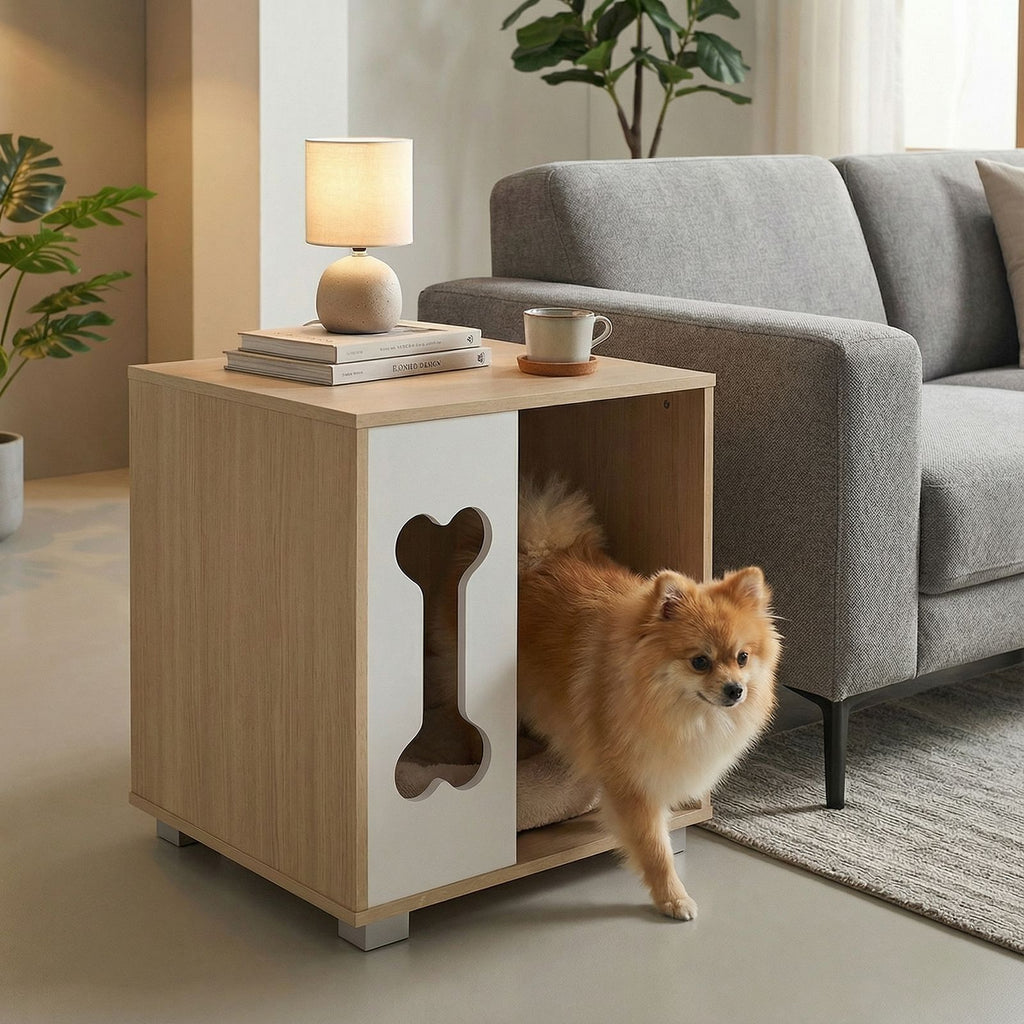 furniture-style Dog Bed Side Table Condo with Bone-Shape Window – Multipurpose Pet Furniture