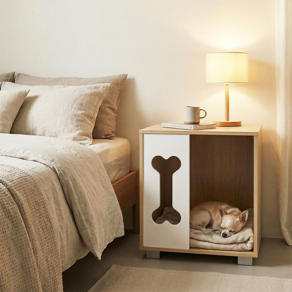 furniture-style Dog Bed Side Table Condo with Bone-Shape Window – Multipurpose Pet Furniture