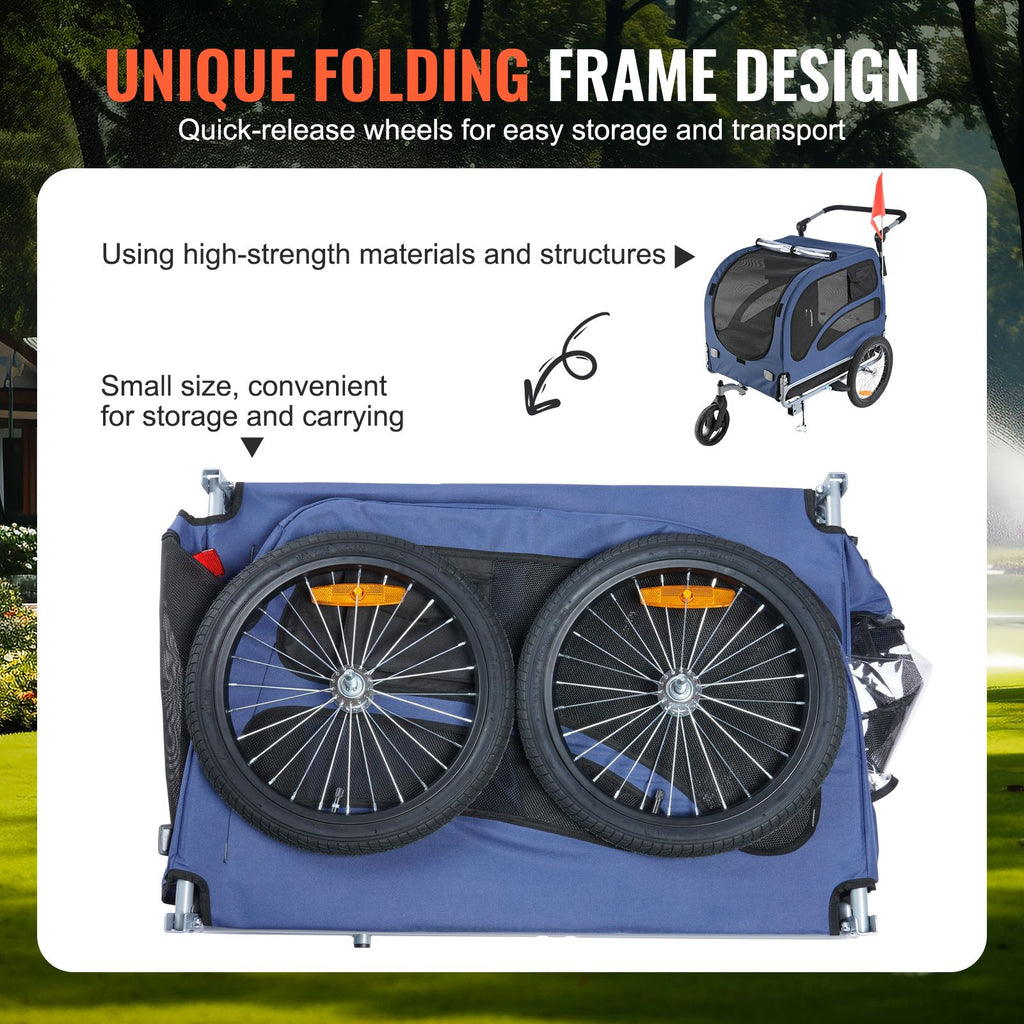 Dog Bike Trailer, Supports up to 100 lbs, 2-in-1 Pet Stroller Cart Bicycle Carrier, Easy Folding Cart Frame with Quick Release Wheels, Universal Bicycle Coupler, Reflectors, Flag, Blue/Black