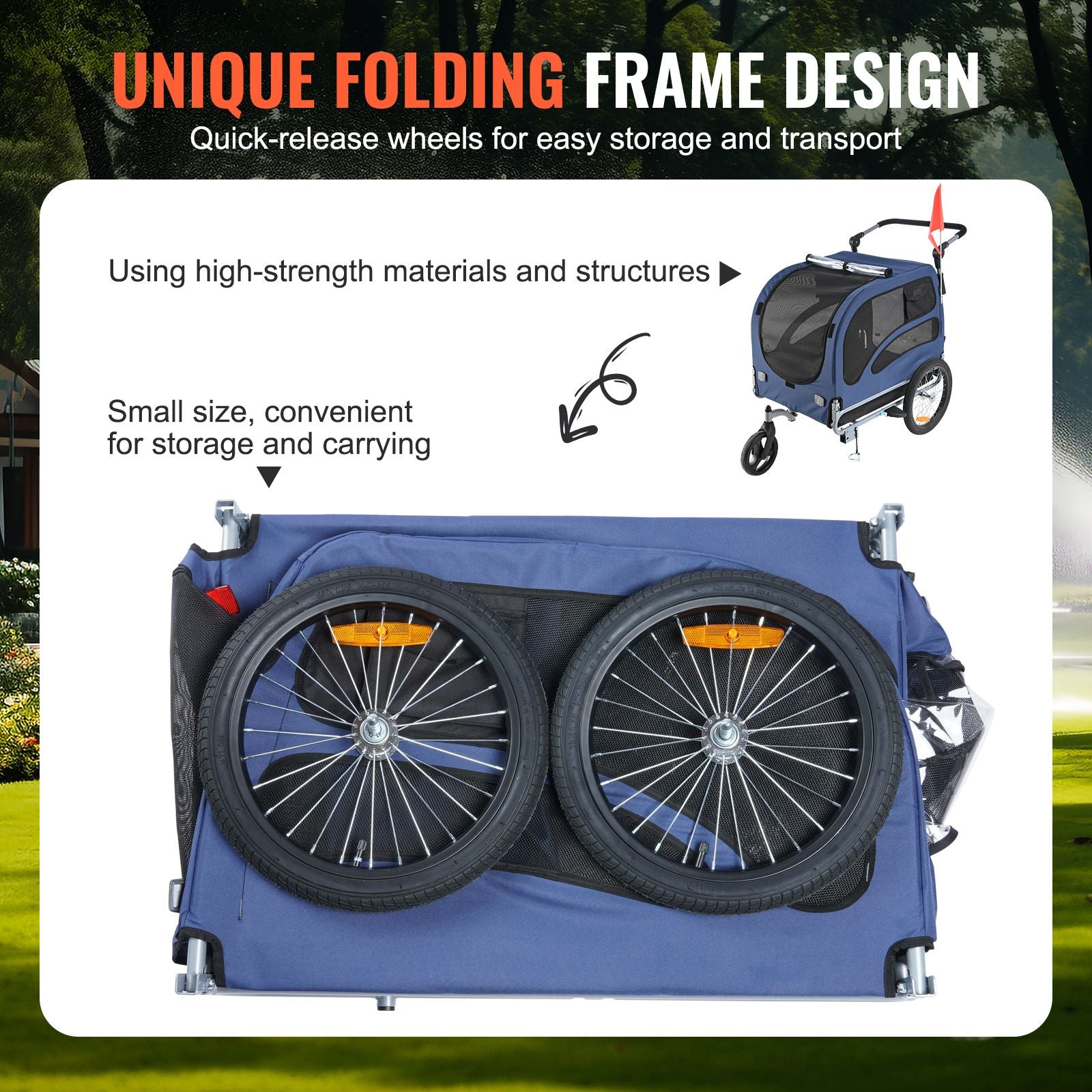 Dog Bike Trailer, Supports up to 100 lbs, 2-in-1 Pet Stroller Cart Bicycle Carrier, Easy Folding Cart Frame with Quick Release Wheels, Universal Bicycle Coupler, Reflectors, Flag, Blue/Black