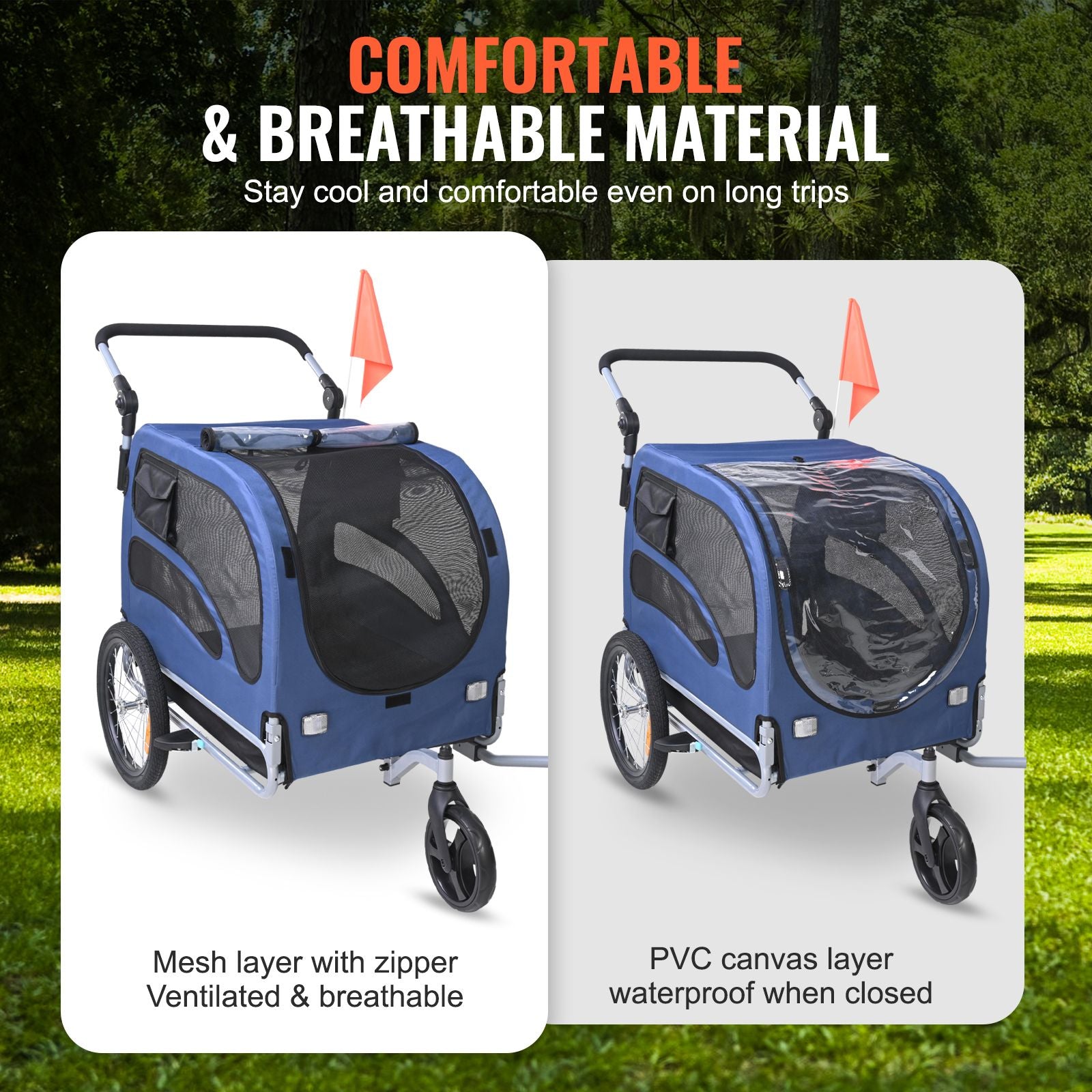 Dog Bike Trailer, Supports up to 100 lbs, 2-in-1 Pet Stroller Cart Bicycle Carrier, Easy Folding Cart Frame with Quick Release Wheels, Universal Bicycle Coupler, Reflectors, Flag, Blue/Black