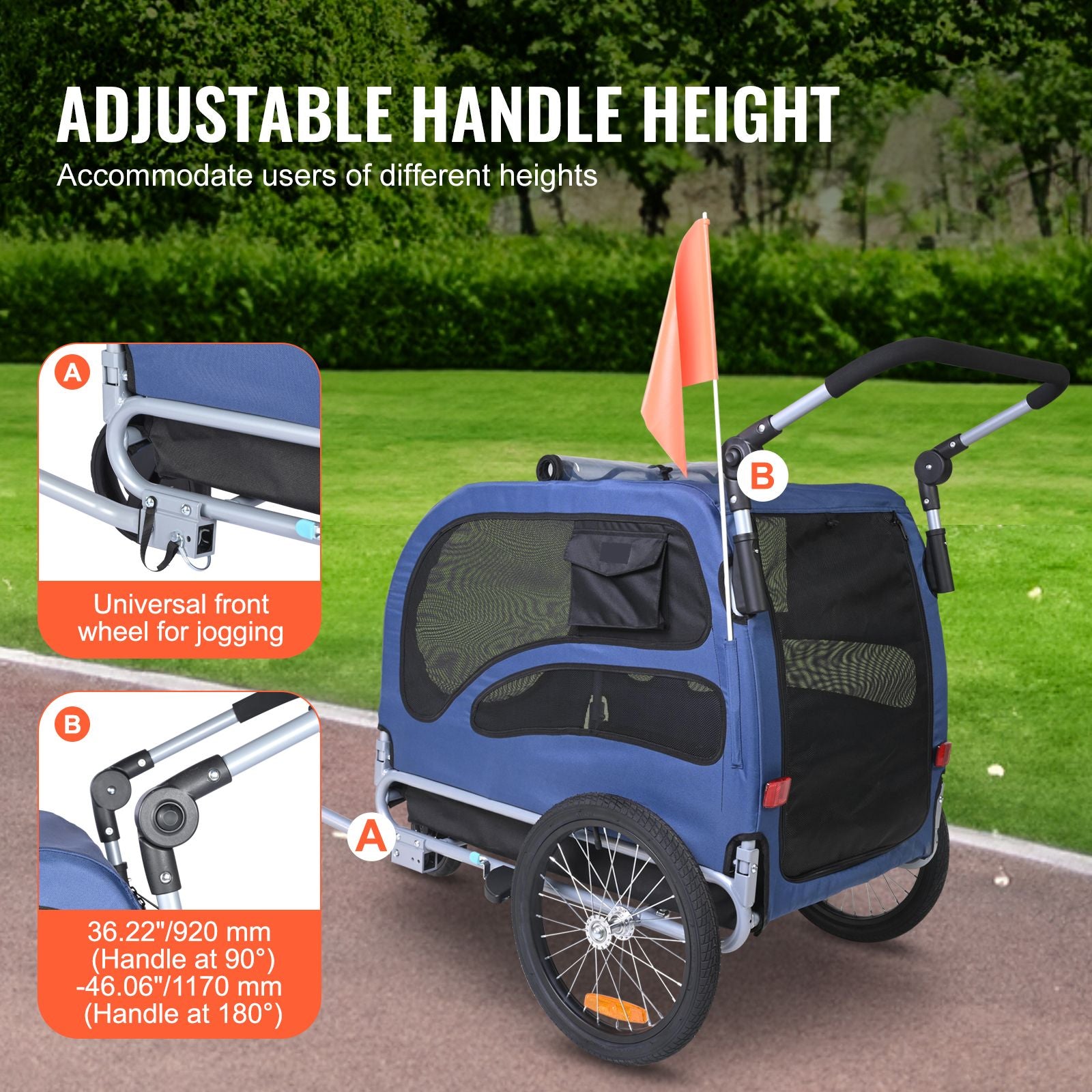 Dog Bike Trailer, Supports up to 100 lbs, 2-in-1 Pet Stroller Cart Bicycle Carrier, Easy Folding Cart Frame with Quick Release Wheels, Universal Bicycle Coupler, Reflectors, Flag, Blue/Black