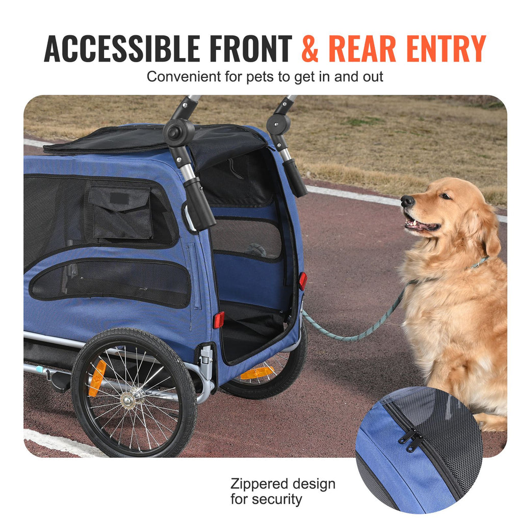 Dog Bike Trailer, Supports up to 100 lbs, 2-in-1 Pet Stroller Cart Bicycle Carrier, Easy Folding Cart Frame with Quick Release Wheels, Universal Bicycle Coupler, Reflectors, Flag, Blue/Black