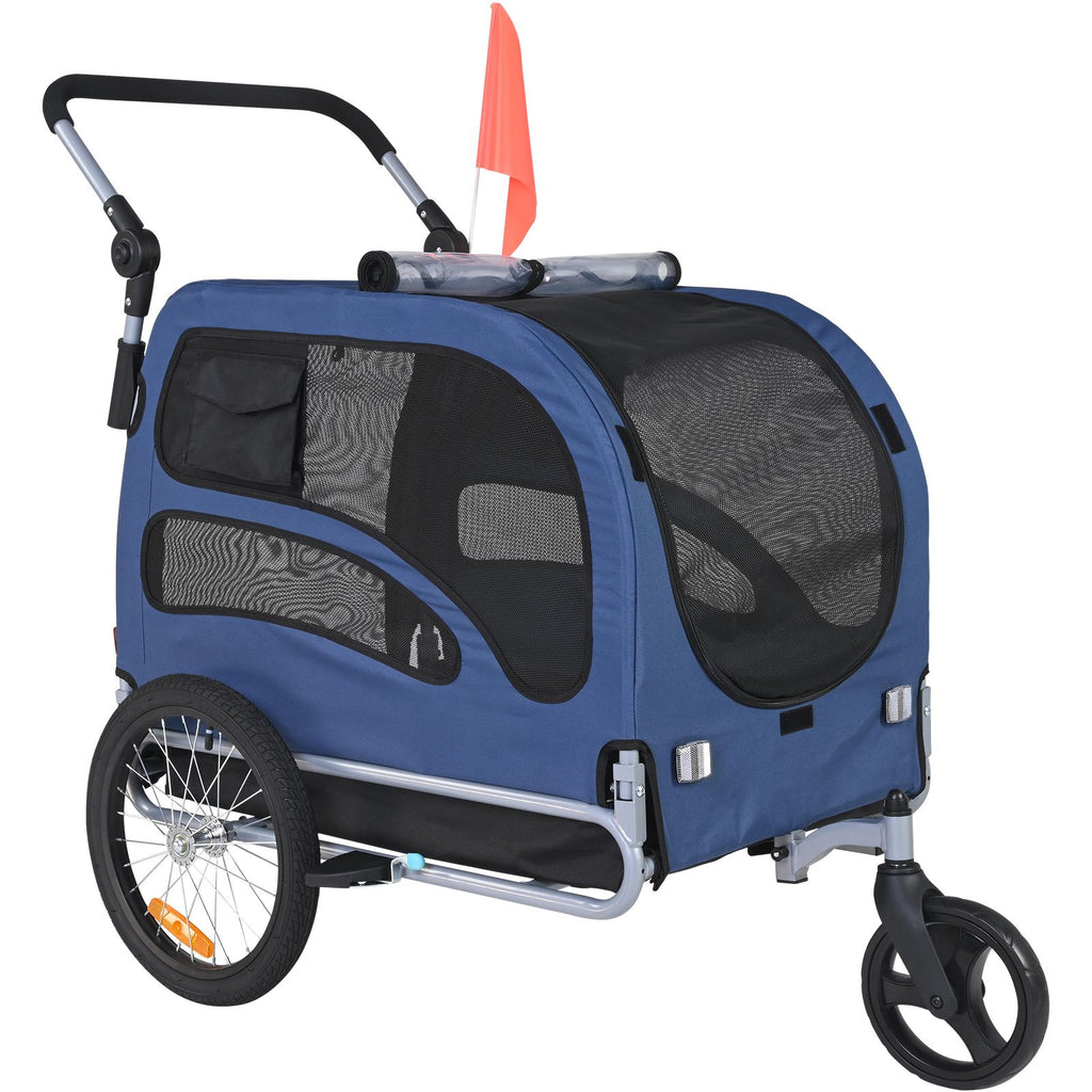 Dog Bike Trailer, Supports up to 100 lbs, 2-in-1 Pet Stroller Cart Bicycle Carrier, Easy Folding Cart Frame with Quick Release Wheels, Universal Bicycle Coupler, Reflectors, Flag, Blue/Black