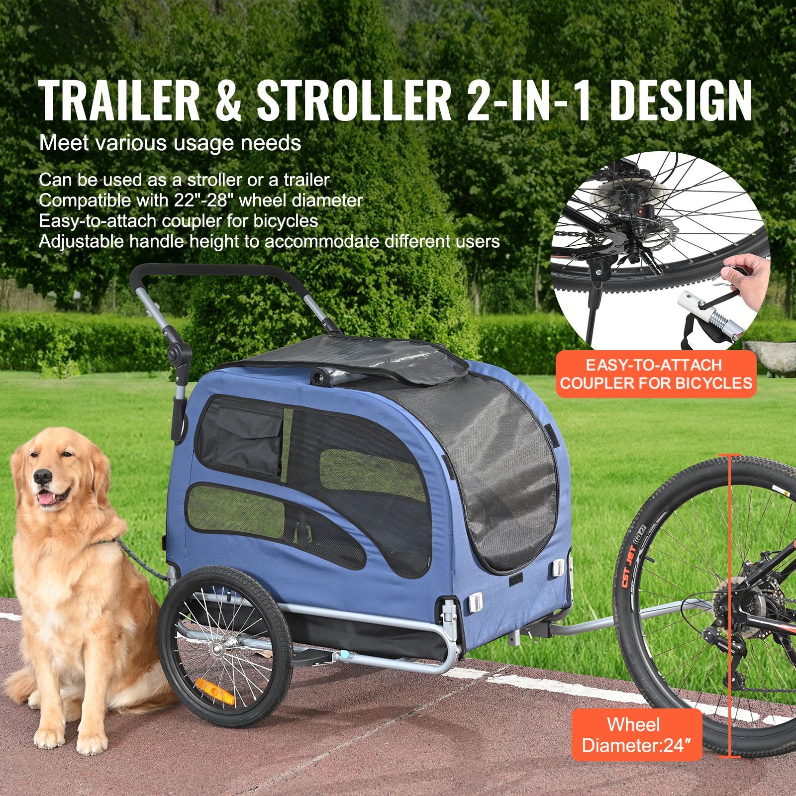 Dog Bike Trailer, Supports up to 100 lbs, 2-in-1 Pet Stroller Cart Bicycle Carrier, Easy Folding Cart Frame with Quick Release Wheels, Universal Bicycle Coupler, Reflectors, Flag, Blue/Black