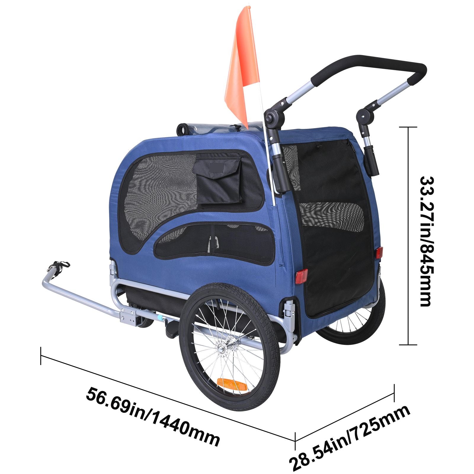 Dog Bike Trailer, Supports up to 100 lbs, 2-in-1 Pet Stroller Cart Bicycle Carrier, Easy Folding Cart Frame with Quick Release Wheels, Universal Bicycle Coupler, Reflectors, Flag, Blue/Black