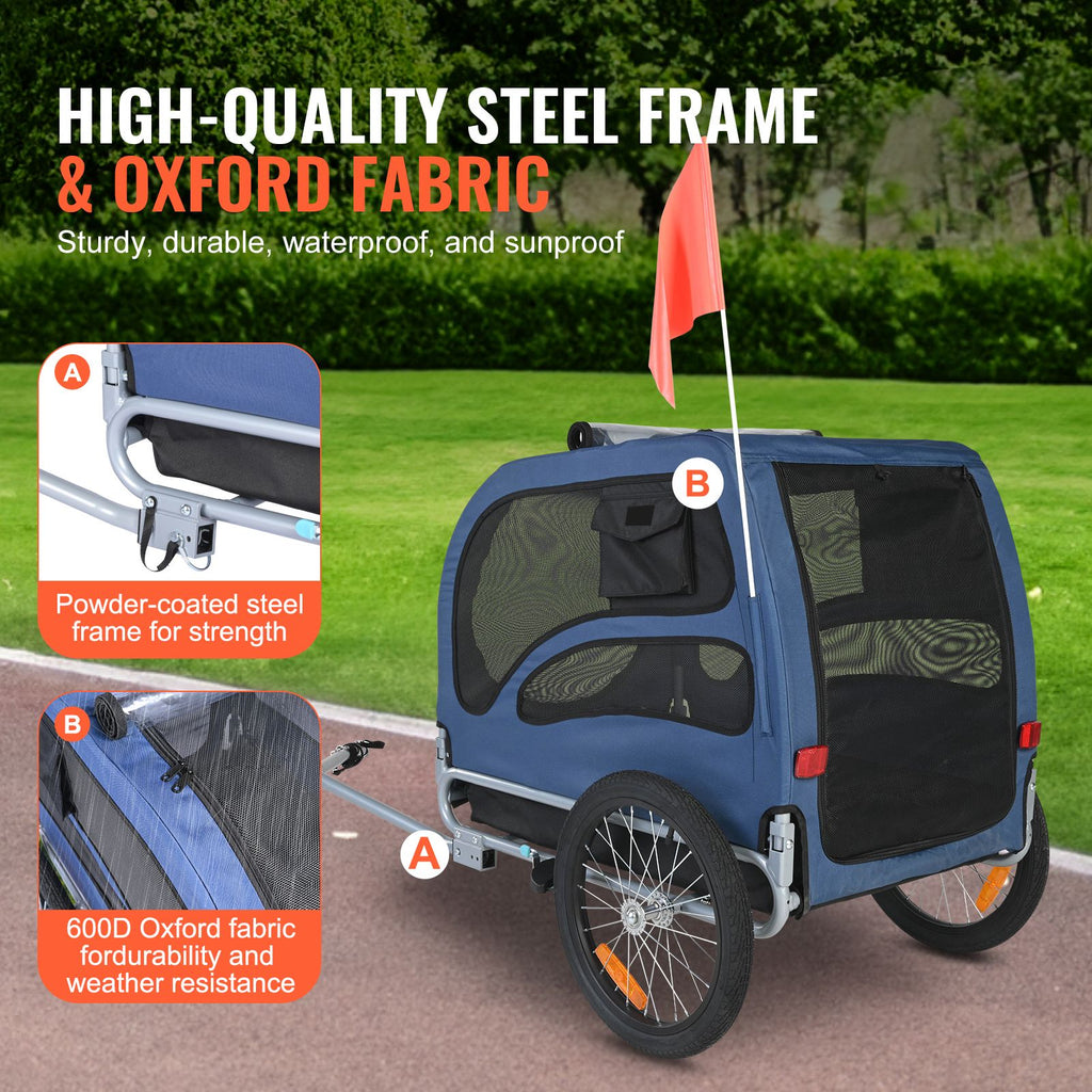 Dog Bike Trailer, Supports up to 100 lbs, Pet Cart Bicycle Carrier, Easy Folding Frame with Quick Release Wheels, Universal Bicycle Coupler, Reflectors, Flag, Collapsible to Store, Blue/Black