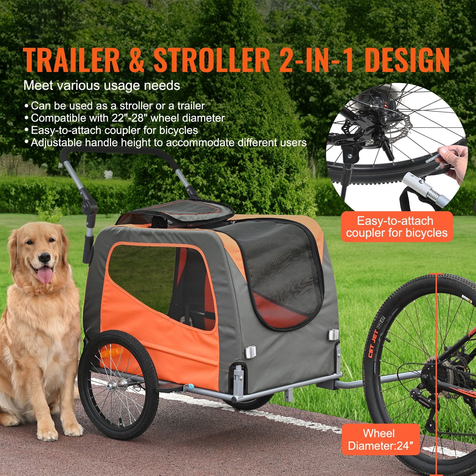 Dog Bike Trailer, Supports up to 66 lbs, 2-in-1 Pet Stroller Cart Bicycle Carrier, Easy Folding Cart Frame with Quick Release Wheels, Universal Bicycle Coupler, Reflectors, Flag, Orange/Gray