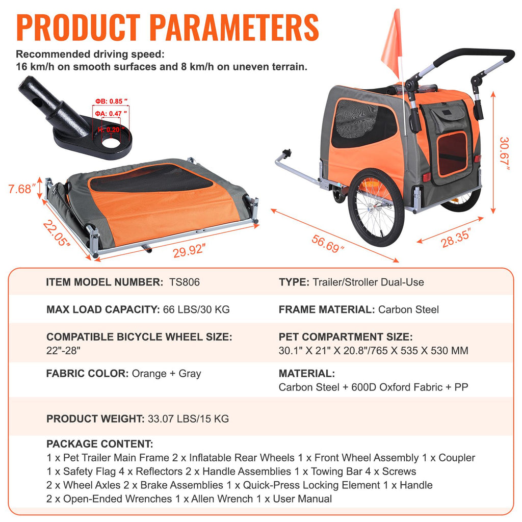 Dog Bike Trailer, Supports up to 66 lbs, 2-in-1 Pet Stroller Cart Bicycle Carrier, Easy Folding Cart Frame with Quick Release Wheels, Universal Bicycle Coupler, Reflectors, Flag, Orange/Gray