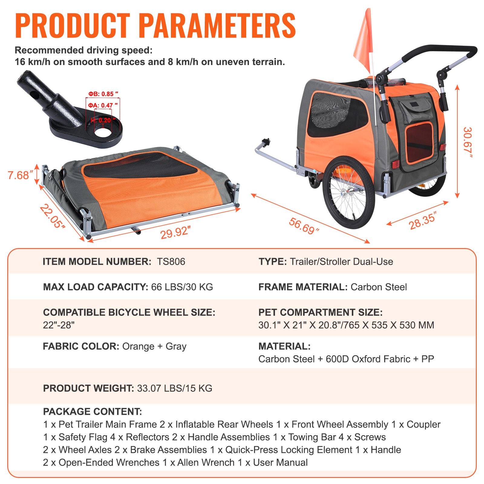 Dog Bike Trailer, Supports up to 66 lbs, 2-in-1 Pet Stroller Cart Bicycle Carrier, Easy Folding Cart Frame with Quick Release Wheels, Universal Bicycle Coupler, Reflectors, Flag, Orange/Gray