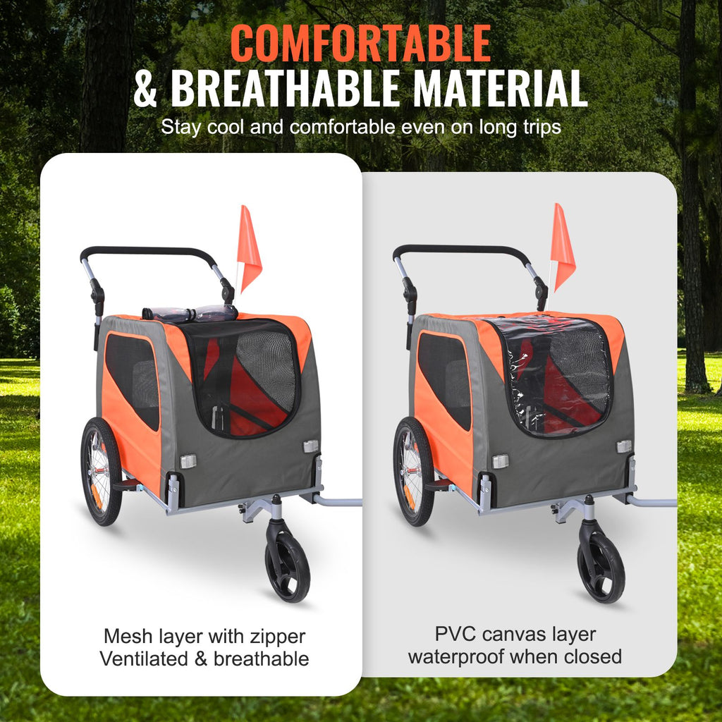 Dog Bike Trailer, Supports up to 66 lbs, 2-in-1 Pet Stroller Cart Bicycle Carrier, Easy Folding Cart Frame with Quick Release Wheels, Universal Bicycle Coupler, Reflectors, Flag, Orange/Gray